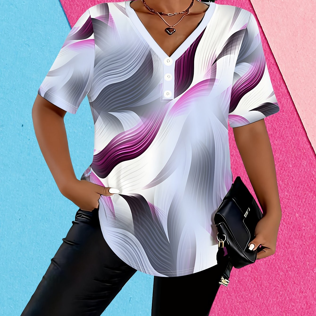 TEMU Plus Size - Summer Plus Size Women's V-neck 3-button Short Sleeve T-shirt, Purple Gray Gradient Fluid Comfortable Breathable Loose Top