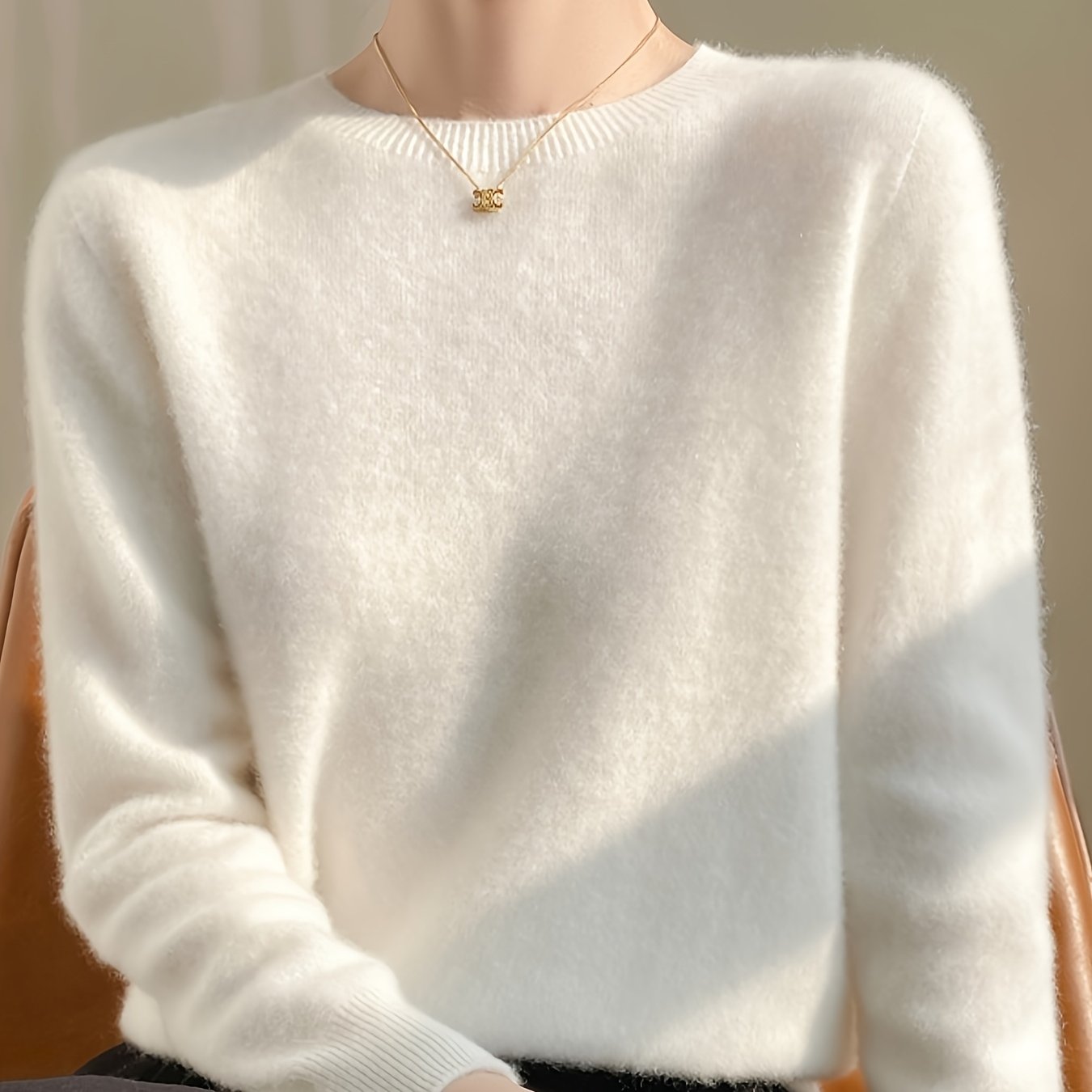 TEMU Autumn Winter Round Neck Pullover Sweater Long Sleeve Warm Top Fashion Solid Layer Versatile Base Shirt Soft Comfortable High Quality Women's