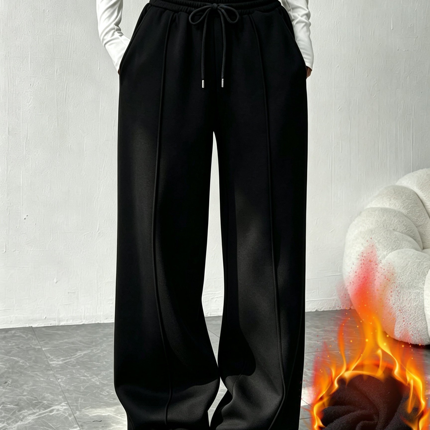 TEMU New Solid Color Drawstring Wide-leg Pants For Women, Autumn/winter Style, Versatile For Daily Wear,, Loose Fit, Casual, Sporty, Straight-leg