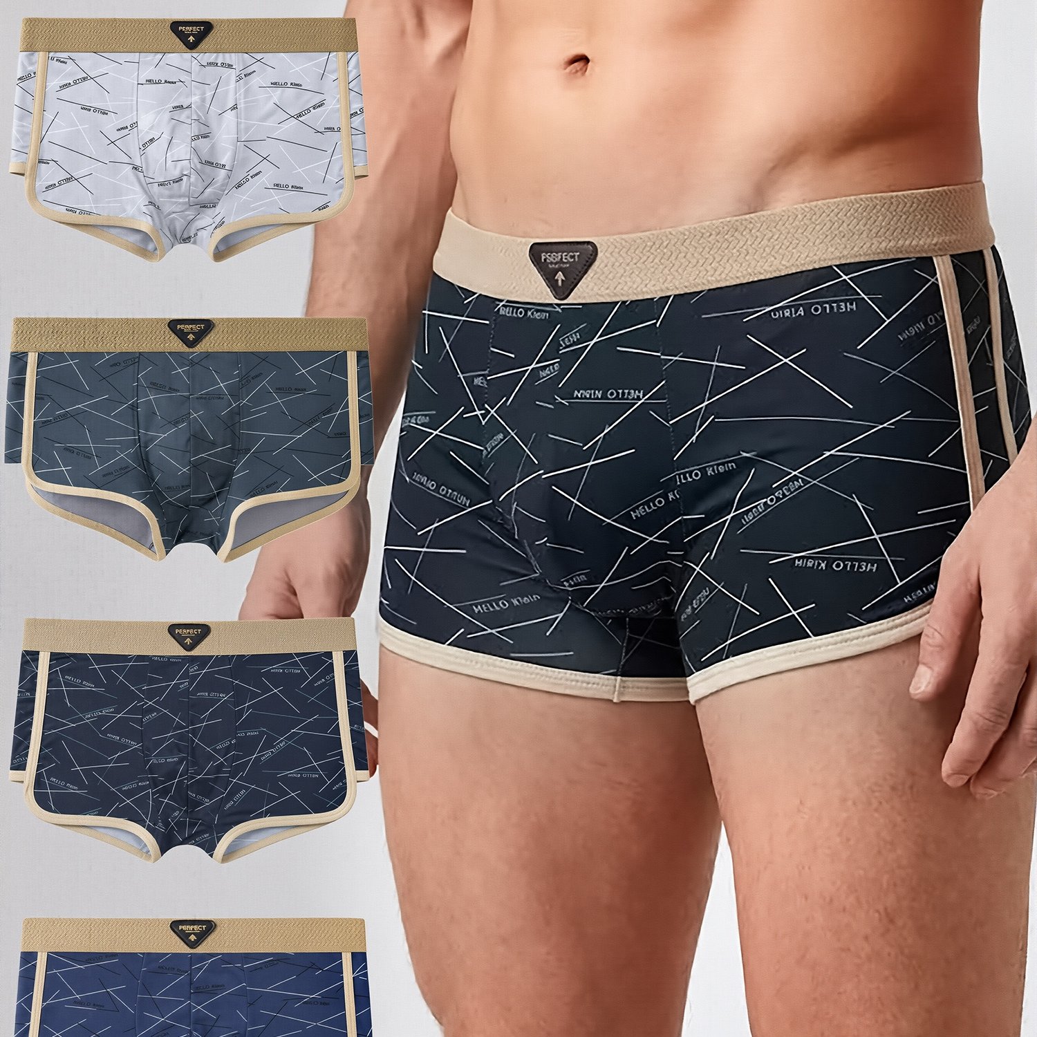 TEMU 4pcs Men&;s Underwear Set, Letter Print, Geometric Pattern, Fashionable Mid-waist Breathable Comfortable Underwear, Premium Men&;s Underwear,