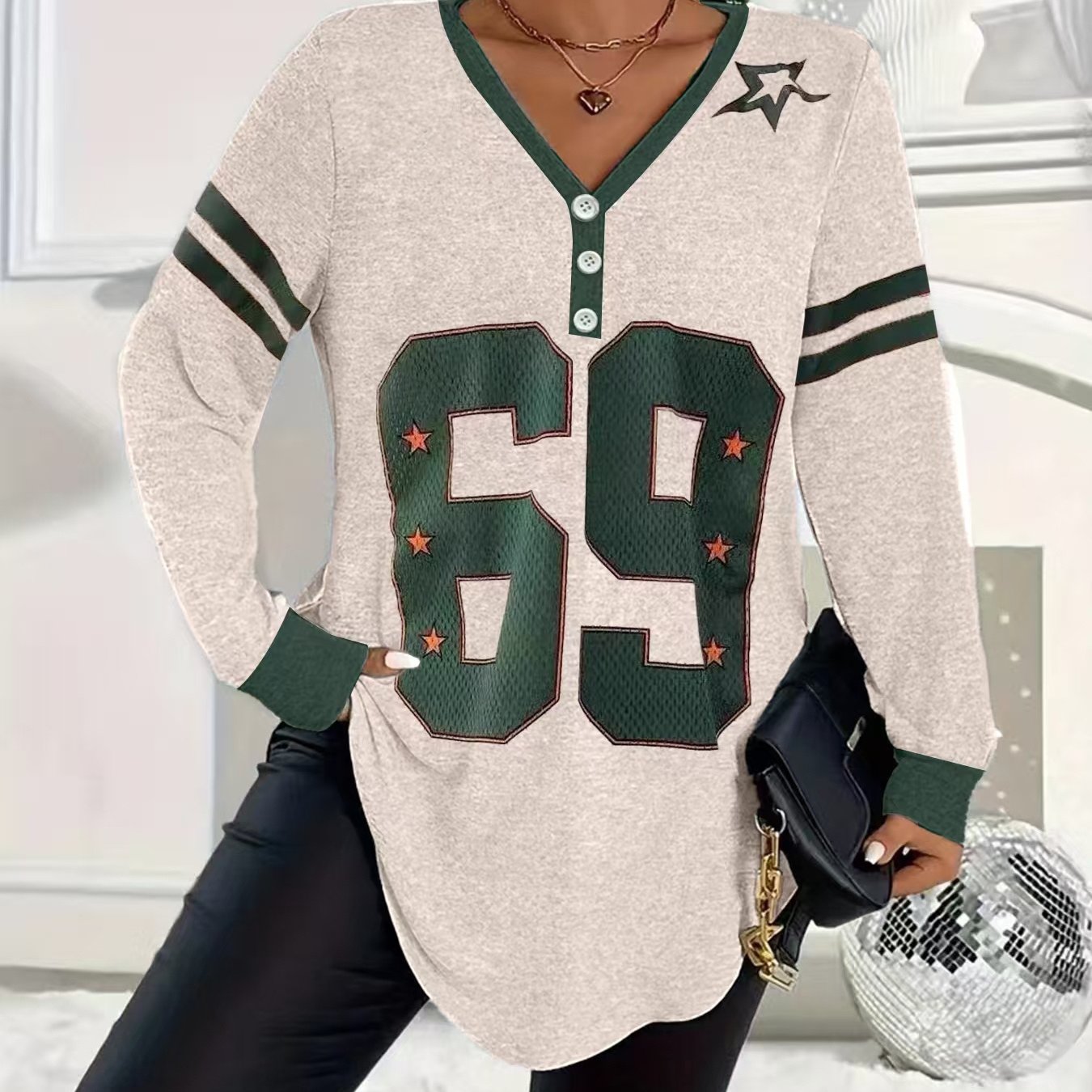 Image of Plus Size - Plus Size - New Autumn Winter Plus Size Women's Letter Print V-neck Button-up Fashion Casual Long Sleeve Top