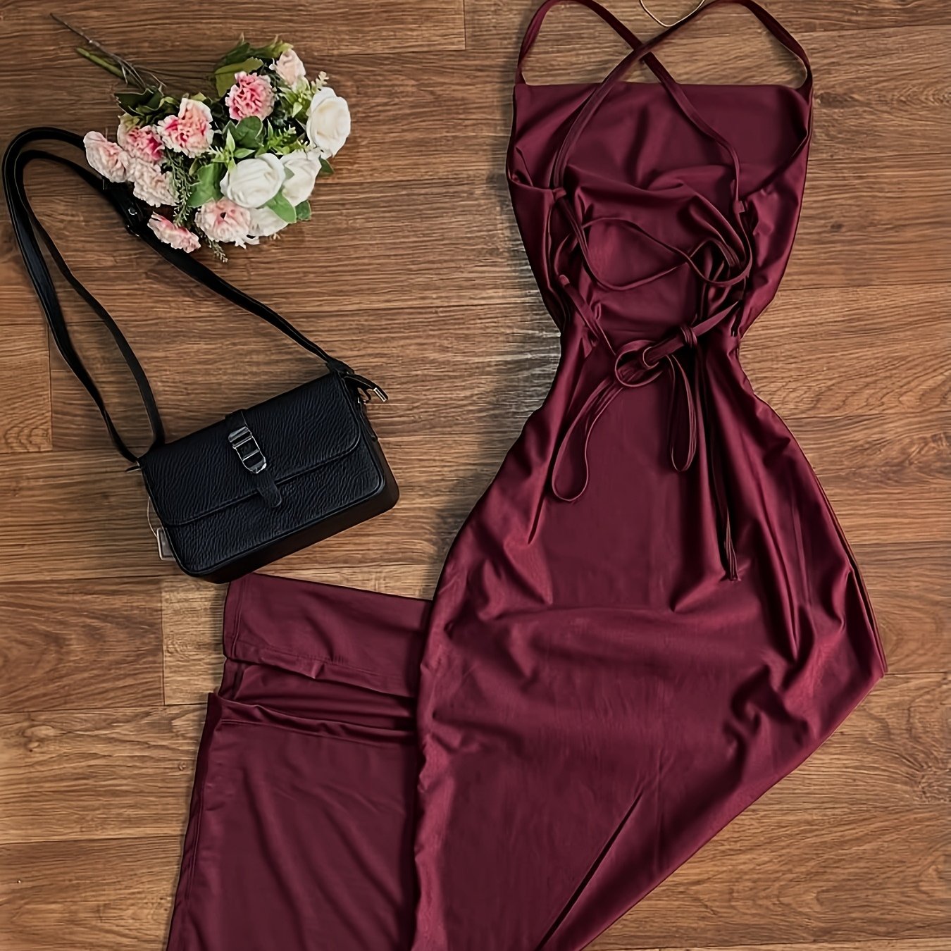 TEMU Women's Slim-fit Sexy High-slit Cross-strap Long Dress