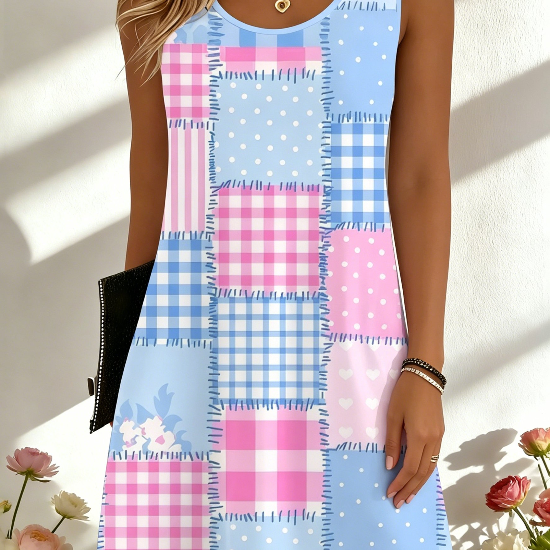 TEMU Women's Sleeveless Dress - Plaid, Polka Dot And Floral Print, Round Neck Casual Dress, Suitable For Daily And Beach Vacation, Women's Sleeveless