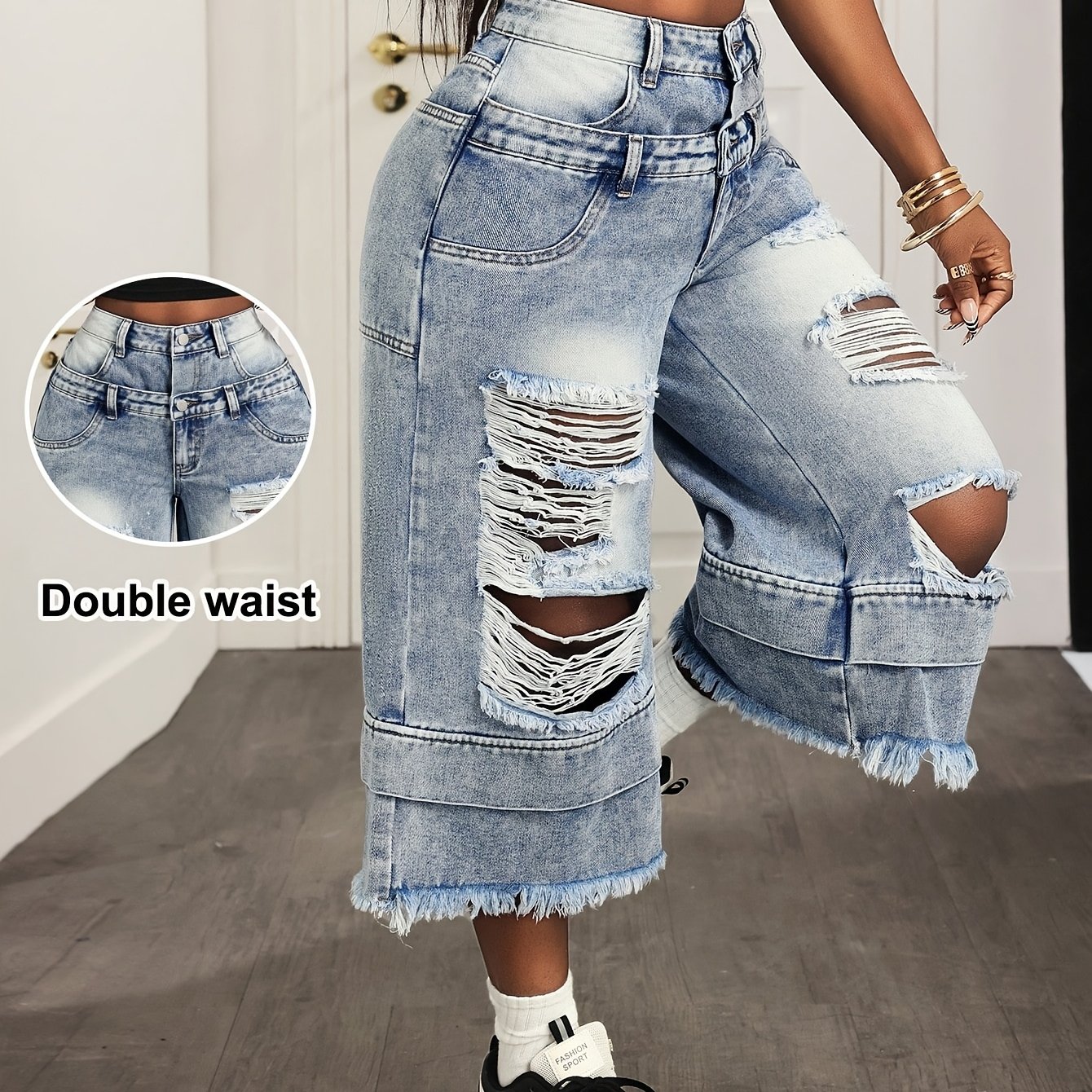 TEMU Women's Plus-size Denim Pants With Double Waistband Design, Distressed Edges, Frayed Hem, Wide Legs, And Cropped Length.