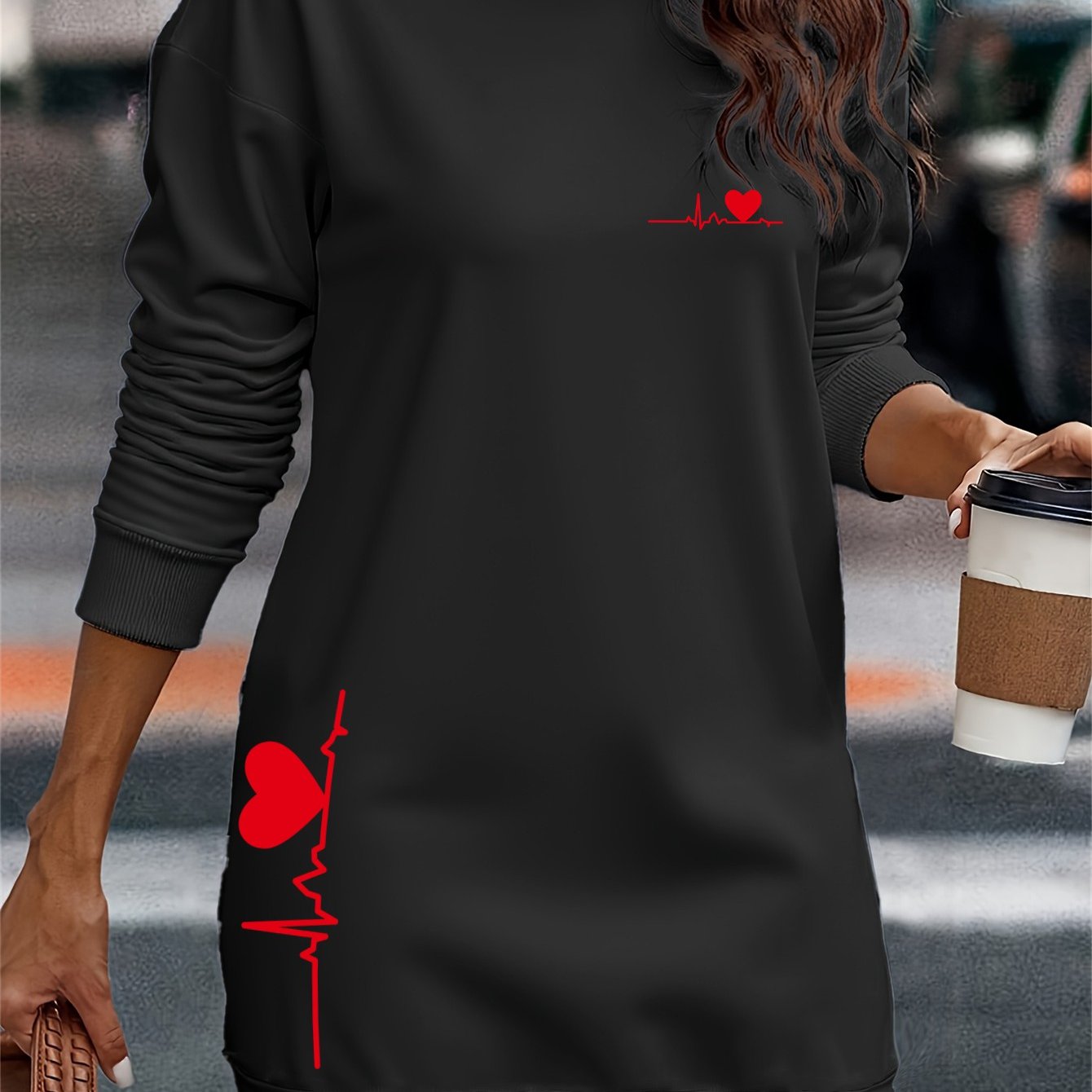 E-shop Verlängertes Kapuzenpullover, Sweatshirt-Kleid, lässiger Damen-Pendler-Stil, lockere Passform, Thermotransferdruck, elastische