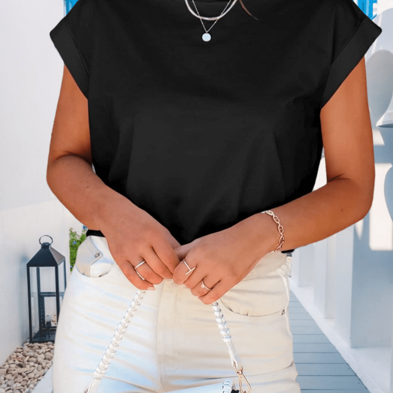 Women' Casual Crop Top Summer Solid Round Neck Rolled Dolman Sleeve T-shirt