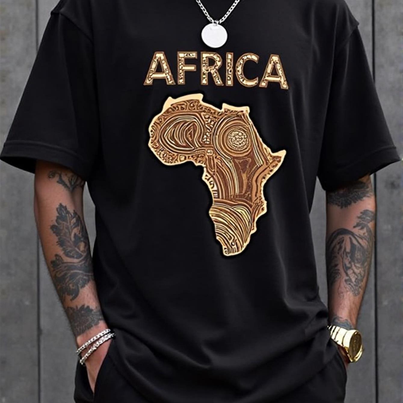 Image of Men's Loose Neck T-shirt With African Print | Design, Comfortable Wear, Machine Washable, Contemporary Urban Style, Black With Golden Accents