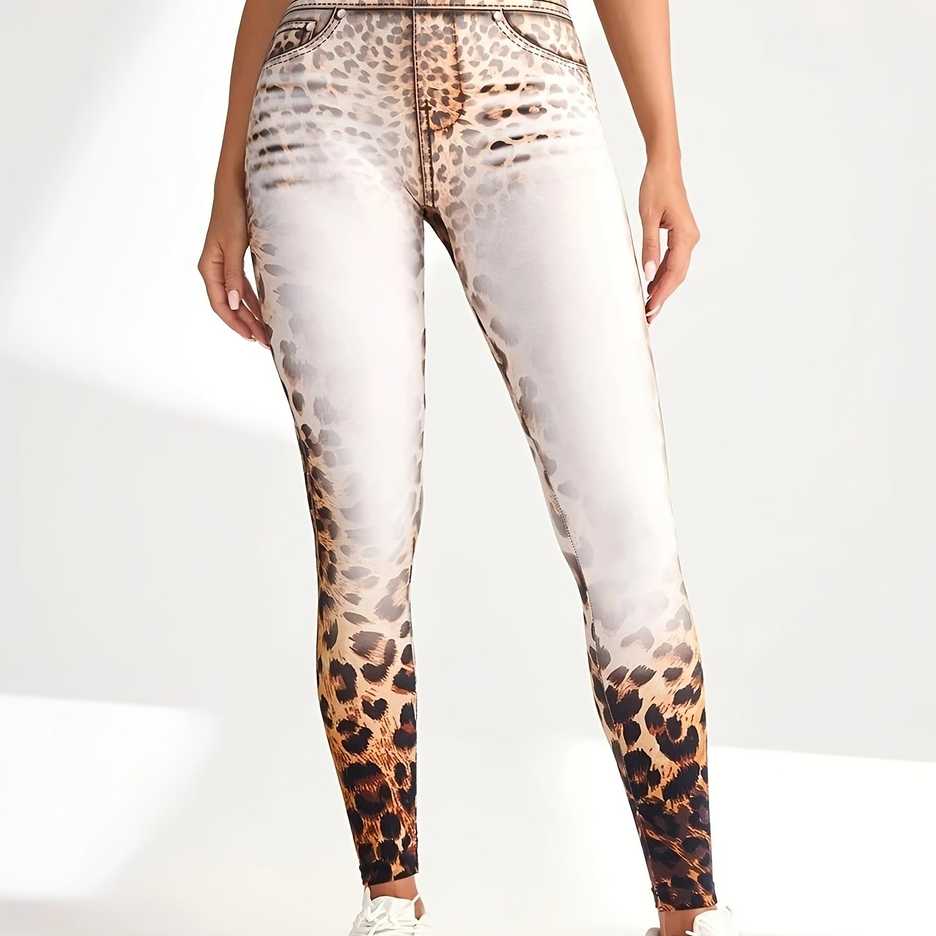 Image of [printed Leggings - Not Denim Fabric]: High-waist Stretch Leggings, Matte Leopard Print Denim-like Casual Outing Tights