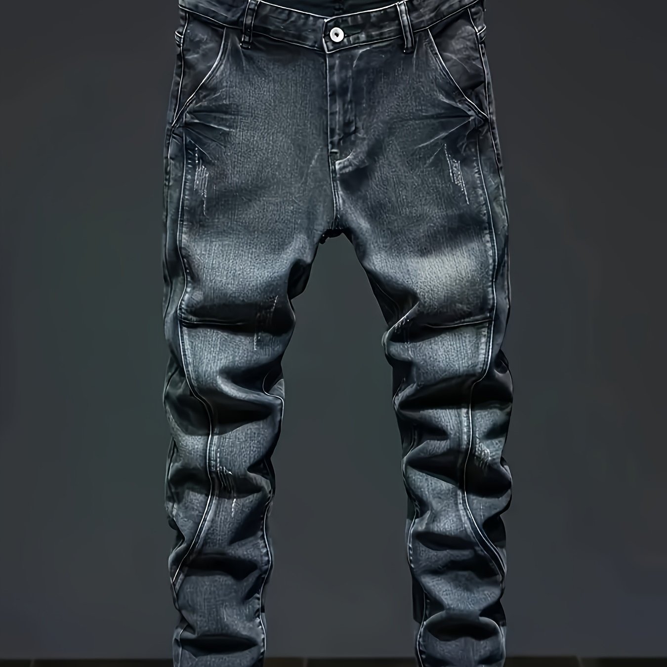 Image of [hme] Men's Straight Jeans High-waist Stretch Slim Fit, 3d Tailored , Heavy Washed . Slant Pockets, Denim, Ykk Zipper, Machine Washable, Versatile Staple