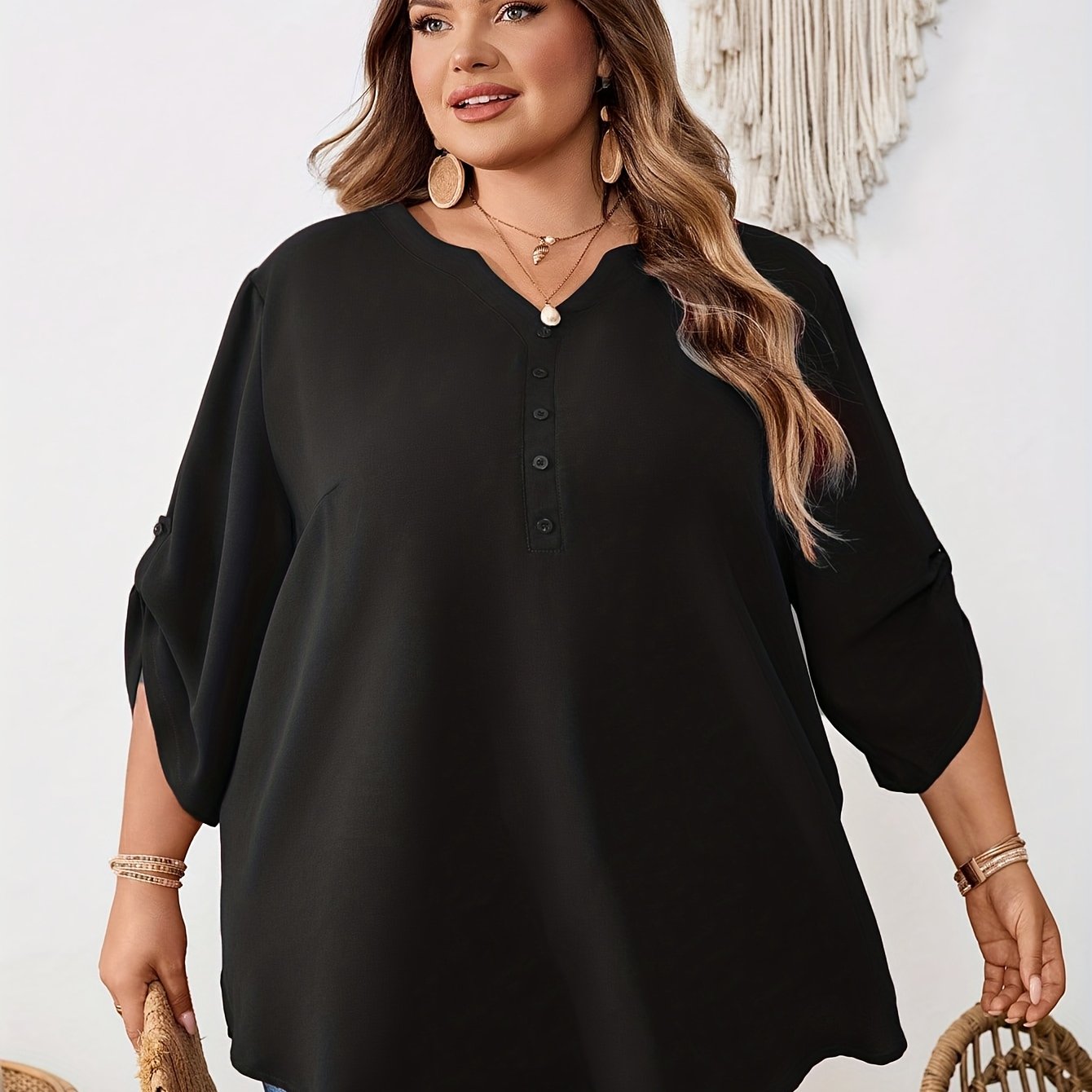 Plus Size - Plus Size - Plus Size Women's V-neck Casual Versatile Batwing Short Sleeve Shirt
