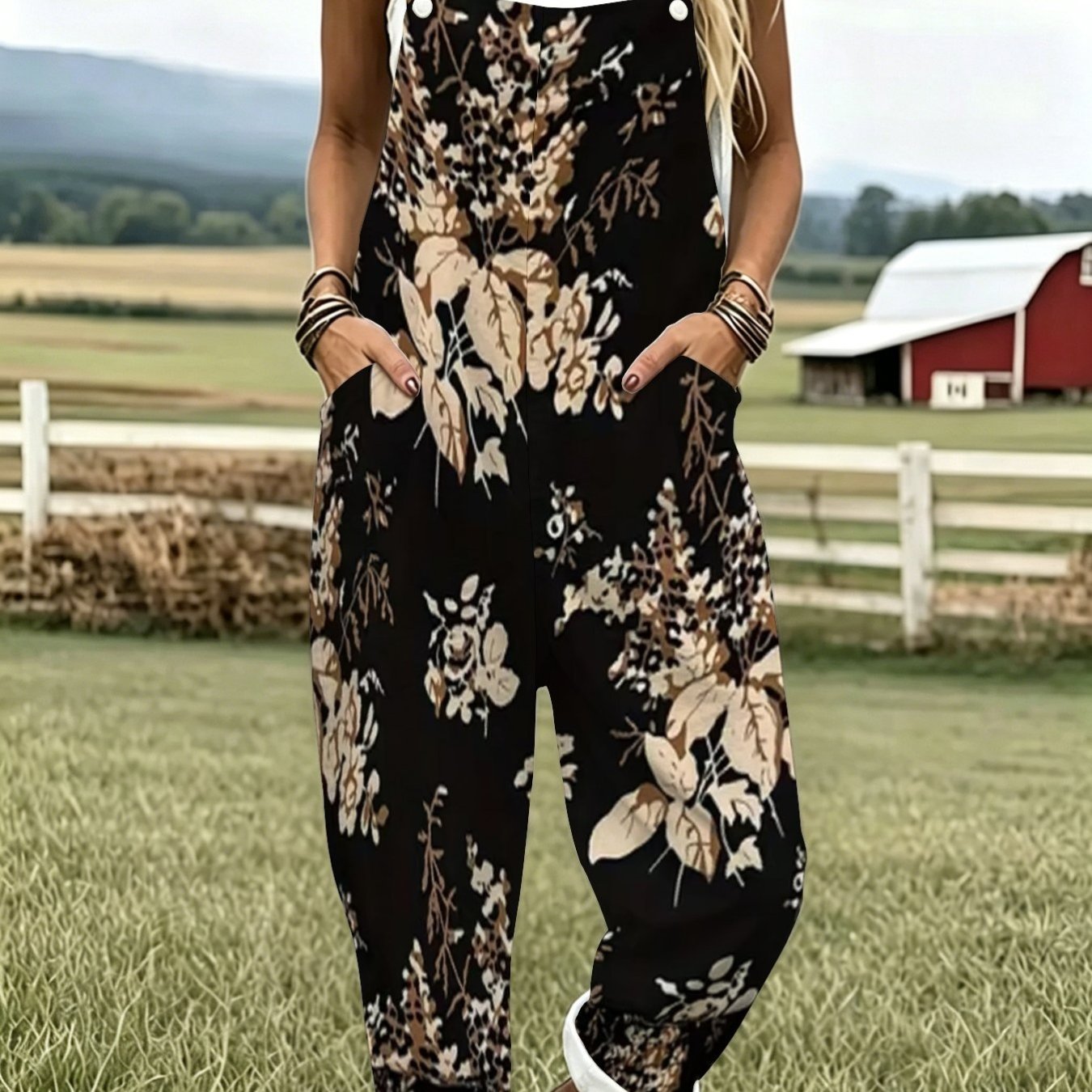 TEMU Women's Casual Overalls With A Stylish Sleeveless Button Design, Retro Dark Floral Print, Elegant Brown Botanical Print, Relaxed Fit, And
