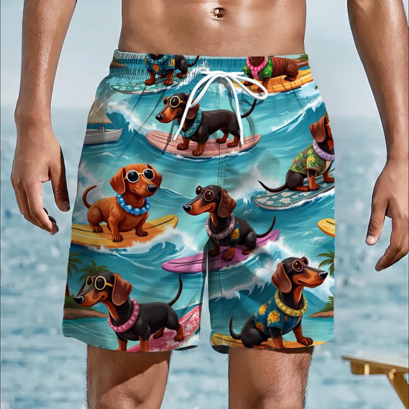 TEMU [print Design - Not Textured] Men's Summer Beach Shorts, Dachshund Surfing Print - Quick-dry, Breathable, Drawstring Waist, Casual Vacation Swim