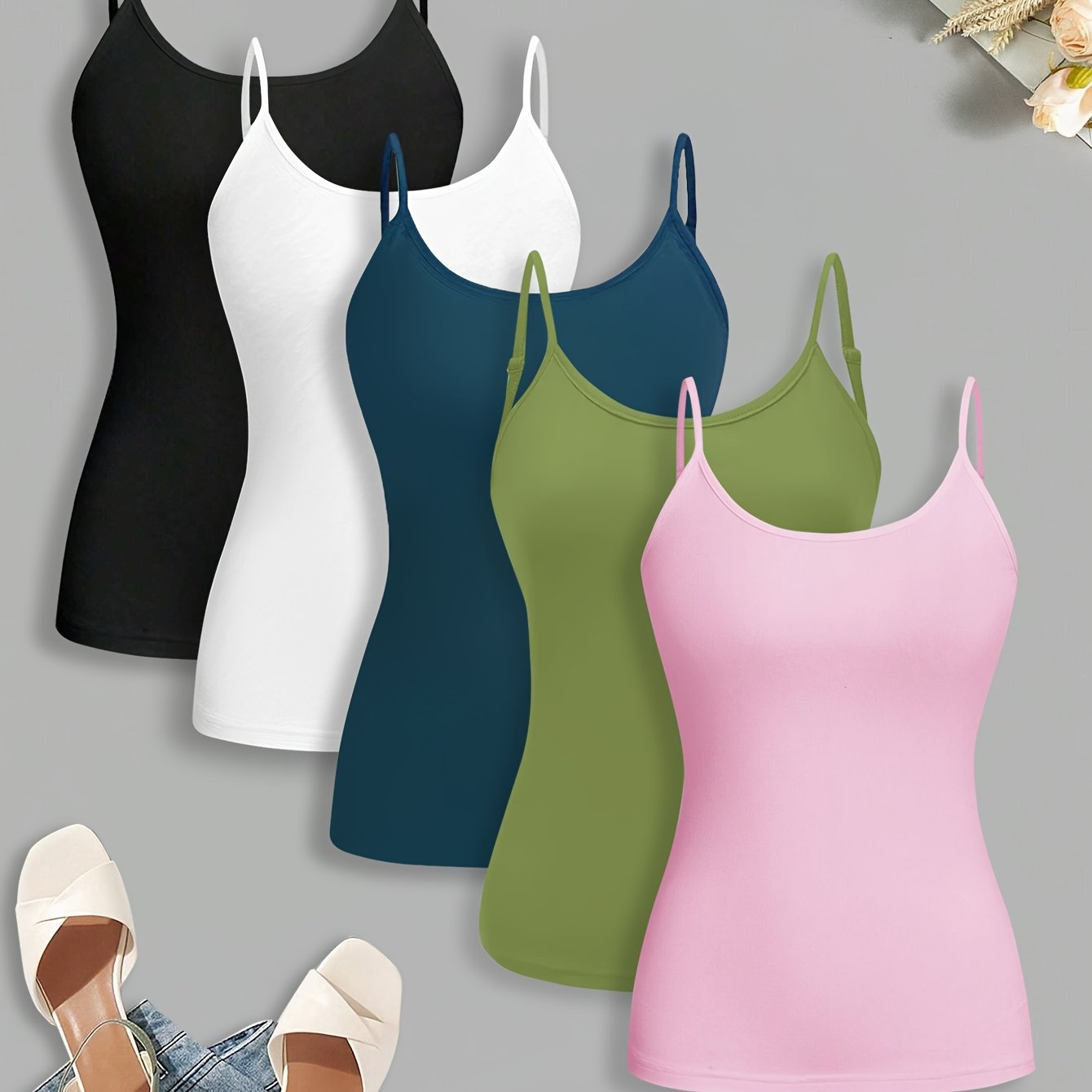 dp111933 5-teiliges set einfarbiges figurbetontes top ohne polsterung, rückenfrei, blicksicher, als oberbekleidung  , bequemes tanktop für damen