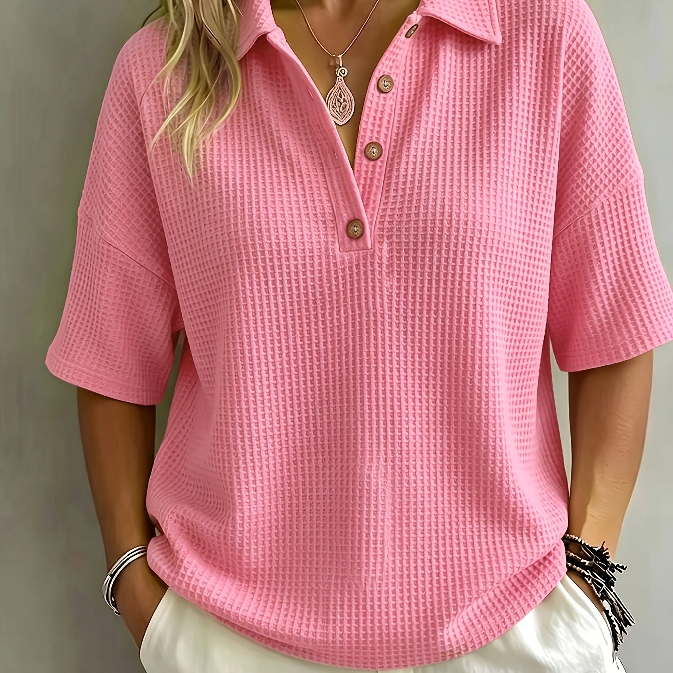 TEMU Women's Fashion Waffle Collar Mid-sleeve T-shirt Women's Loose Drop Shoulder Half Button Short Sleeve Summer New Lazy Style Casual Versatile Top