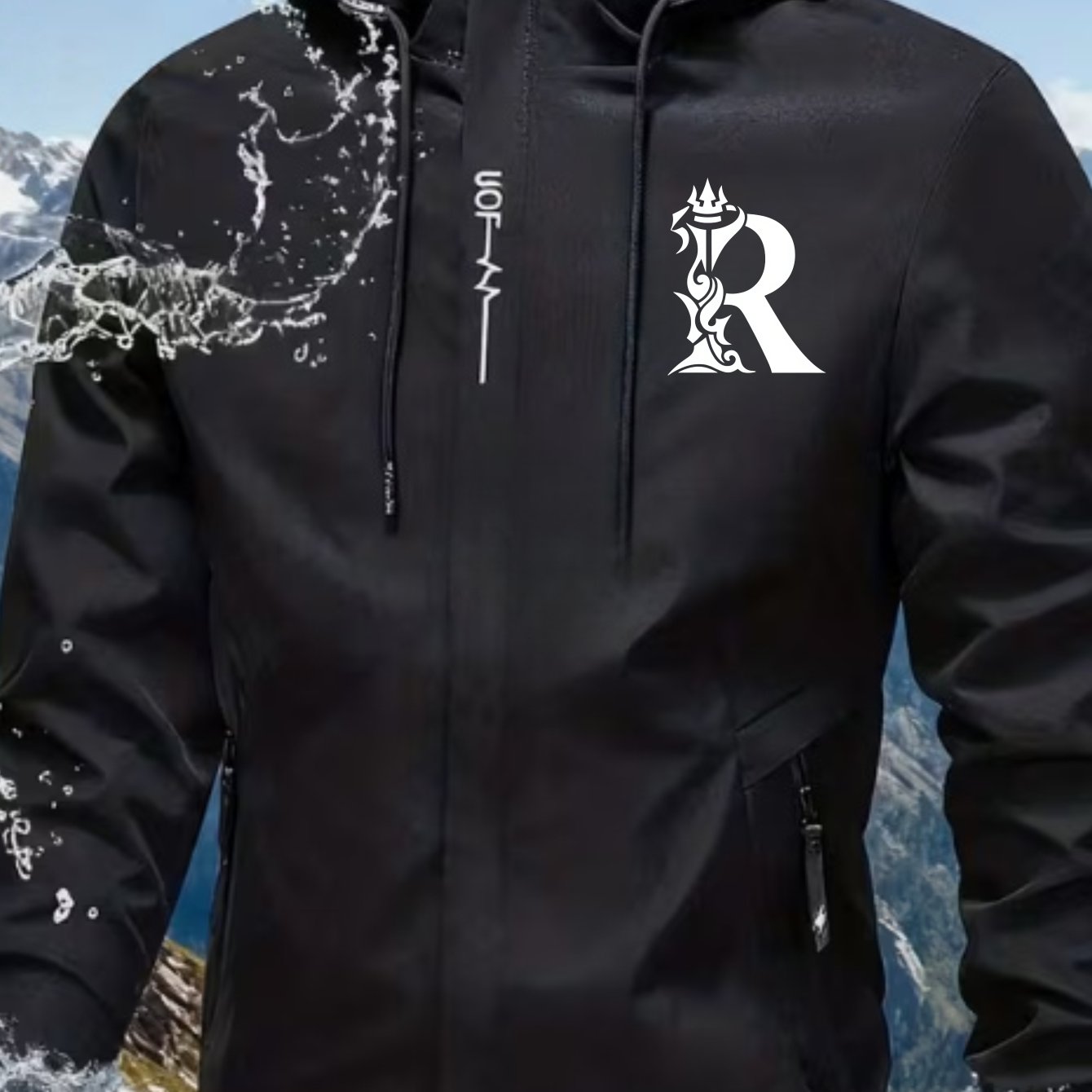TEMU Men's Hooded Jacket Water Pattern 100% Polyester Lightweight And Windproof Outdoor Sports Enthusiasts Choose