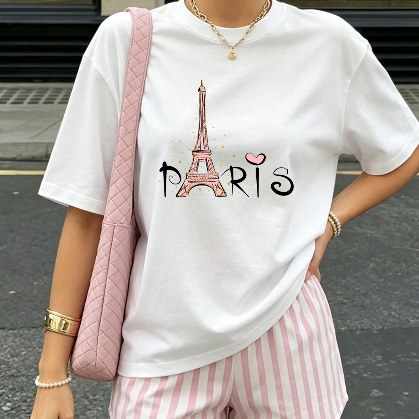 Image of Women' Oversized T-shirt - Paris France Print Short Sleeve Crew Neck Top | Loose Fit Casual Tee Suitable For Travel & Casual Attire, French Wardrobe Essential