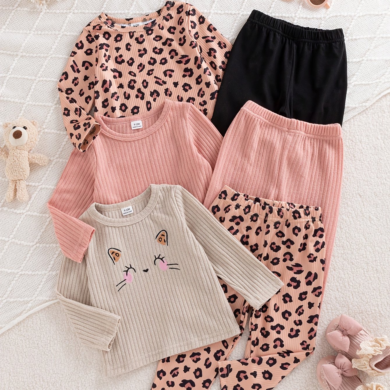 Image of 6pcs Baby Girls Outfit Set 6-36m, Ribbed Long Sleeve Tops & Leopard Print Pants, Toddler Casual Clothing, Perfect For Outdoor