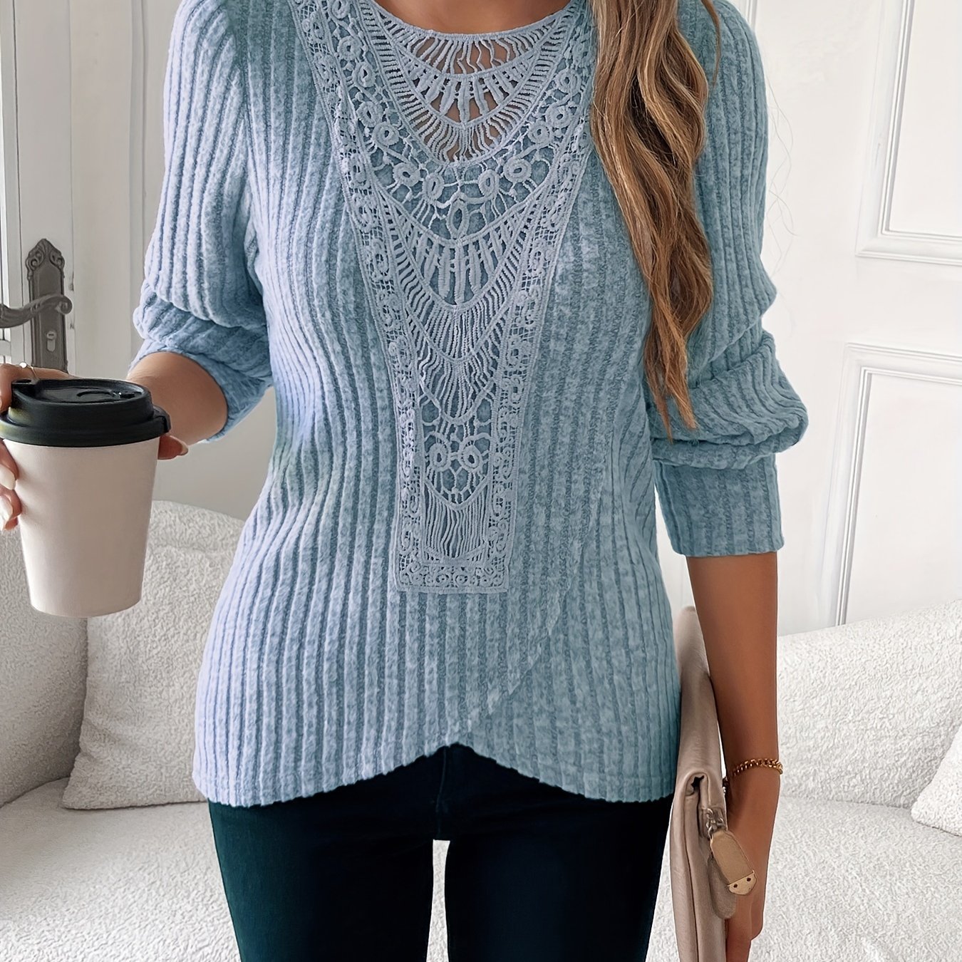 Lace Trimmed Round Neck Long Sleeve T-shirt