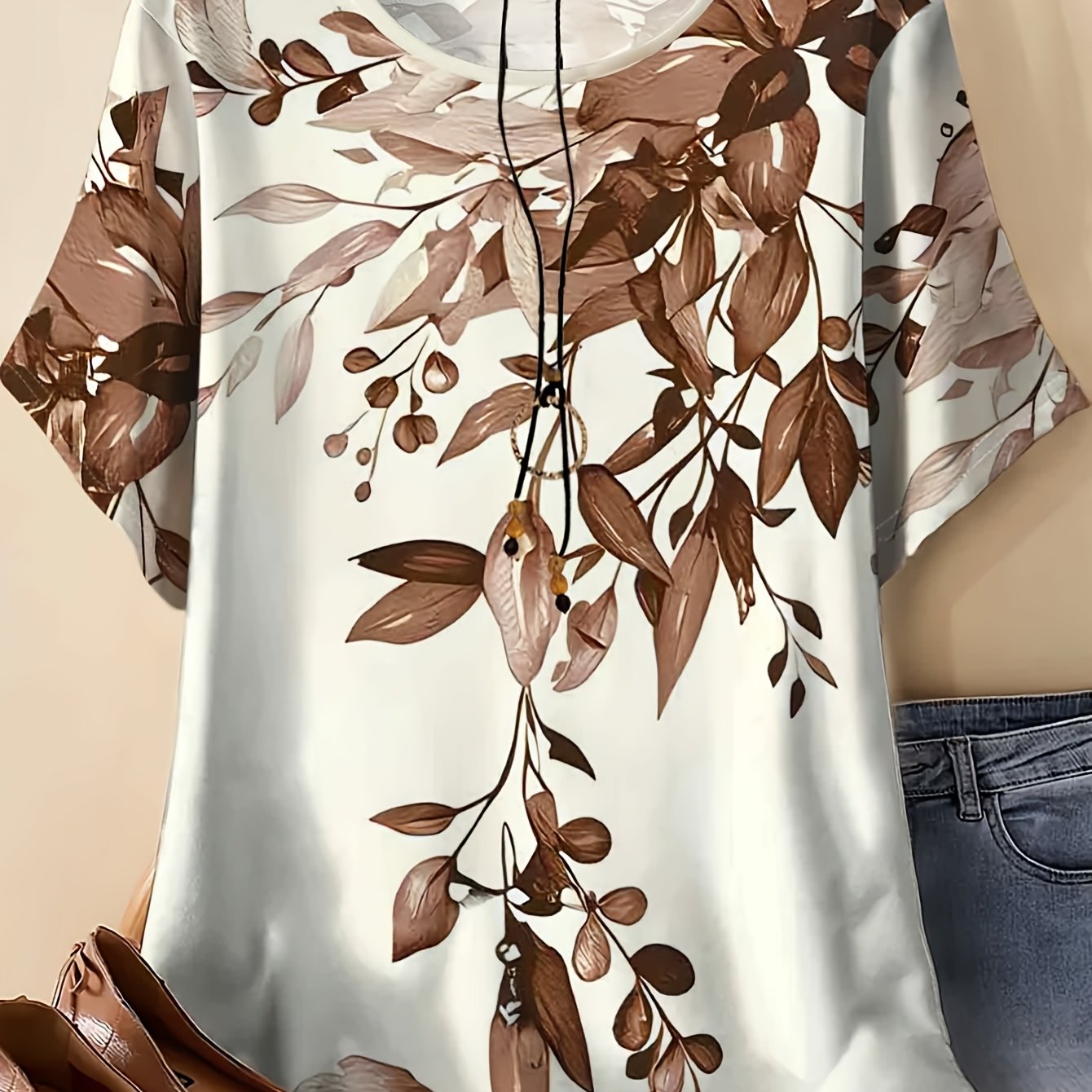 TEMU Plus Size Women's Vintage Plant Print Short-sleeve Top, New Summer Style, Loose And Flattering T-shirt, Fashionable And Comfortable Women's