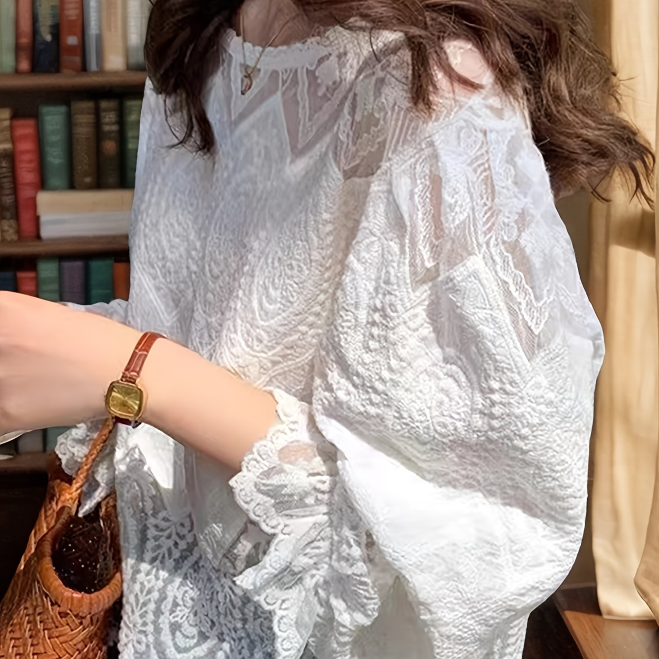 TEMU レディース トブラウス - ルーズフィット ロングシャツ ランタンスリーブ 半透明レースオーバーレイ付き 通気性抜群 日常＆ス オフィス・パーティー・カジュアルコーデ 春/秋夏 ショナルウェア ホワイト オフショルライリング ディテール豊富 なワークウェア レデ...