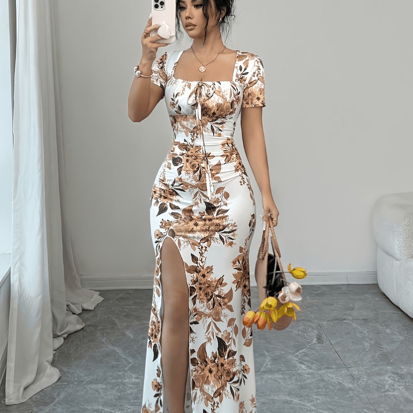 TEMU Women's Summer Short Sleeve Dress, Vacation Dress, Beach Vacation Dress, Slit Hem, Ruched Waist Long Dress