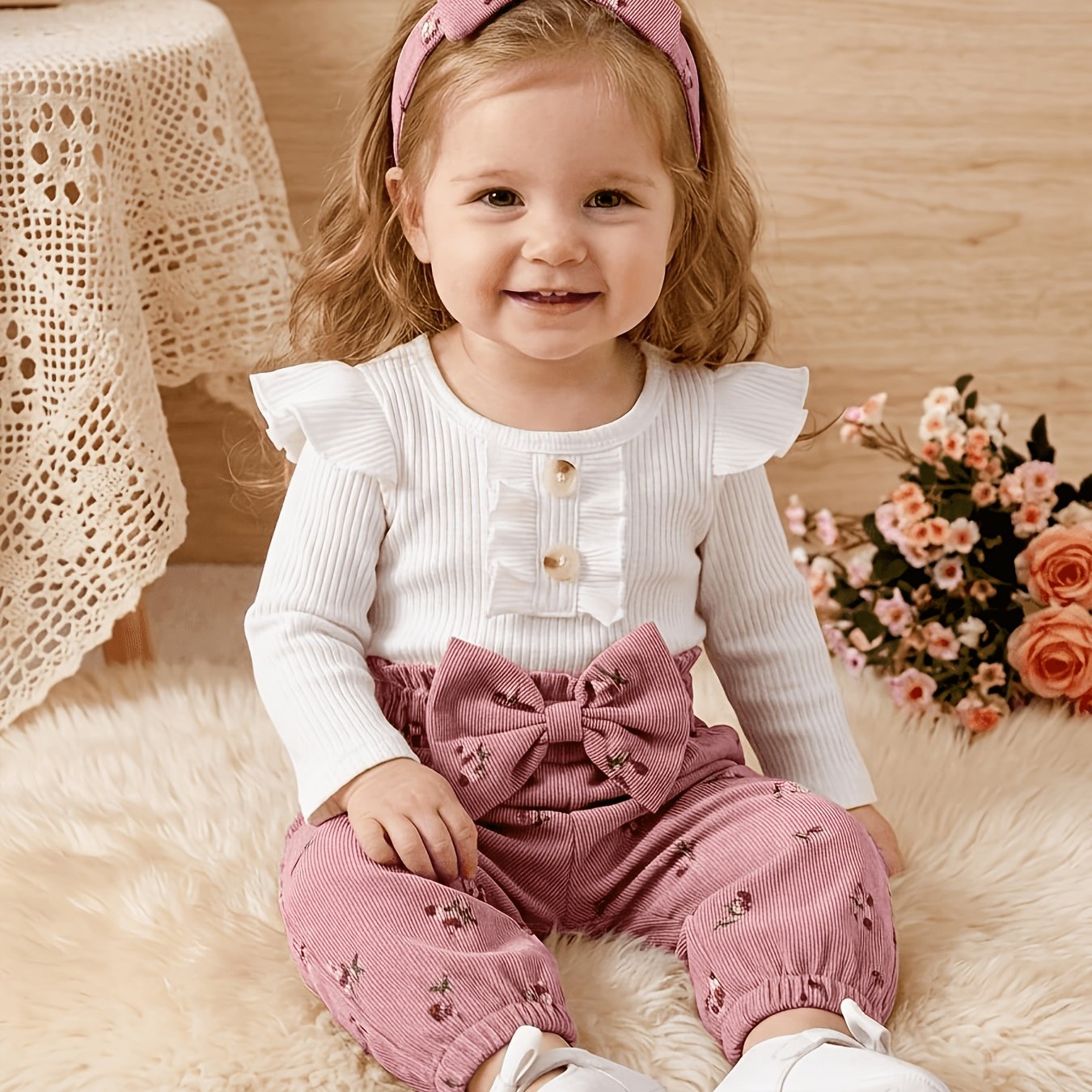 Image of 2pcs Girls' Set: Flutter Sleeve Long-sleeve Ribbed Romper With Bow Decoration, Floral Print Long Pants, And Headband For Spring/autumn, Perfect For Outdoor