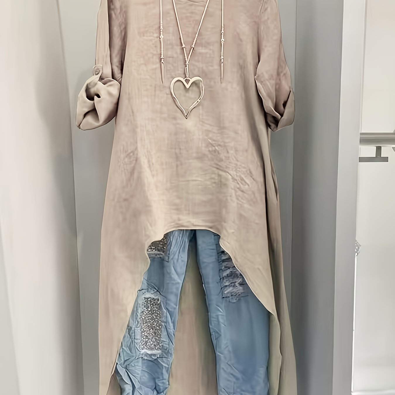 Women's Asymmetrical Hem Long Sleeve Shirt - Loose Fit Round Neck Short Front Long Back Top, Lightweight Breathable Fabric Suitable For Layering