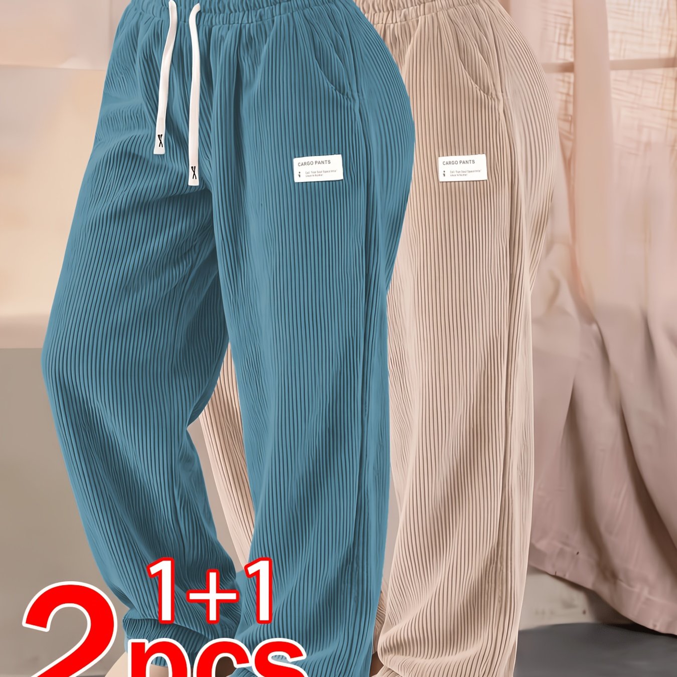 TEMU 2pcs New Women's Corduroy Sport Casual Long Pants, Straight-leg Design, Solid Color With Drawstring, Pockets, Breathable And Comfortable,