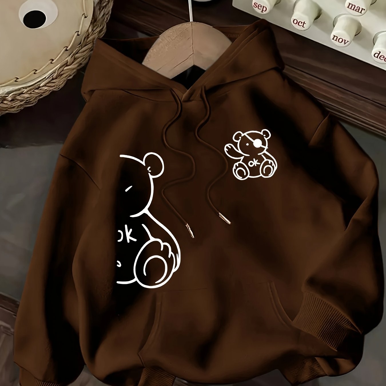 TEMU Women's Casual Hooded Sweatshirt With Cute Cartoon Bear Graphic Print, Relaxed Fit Kangaroo Pocket, Drawstring Hood, Machine Washable For Spring