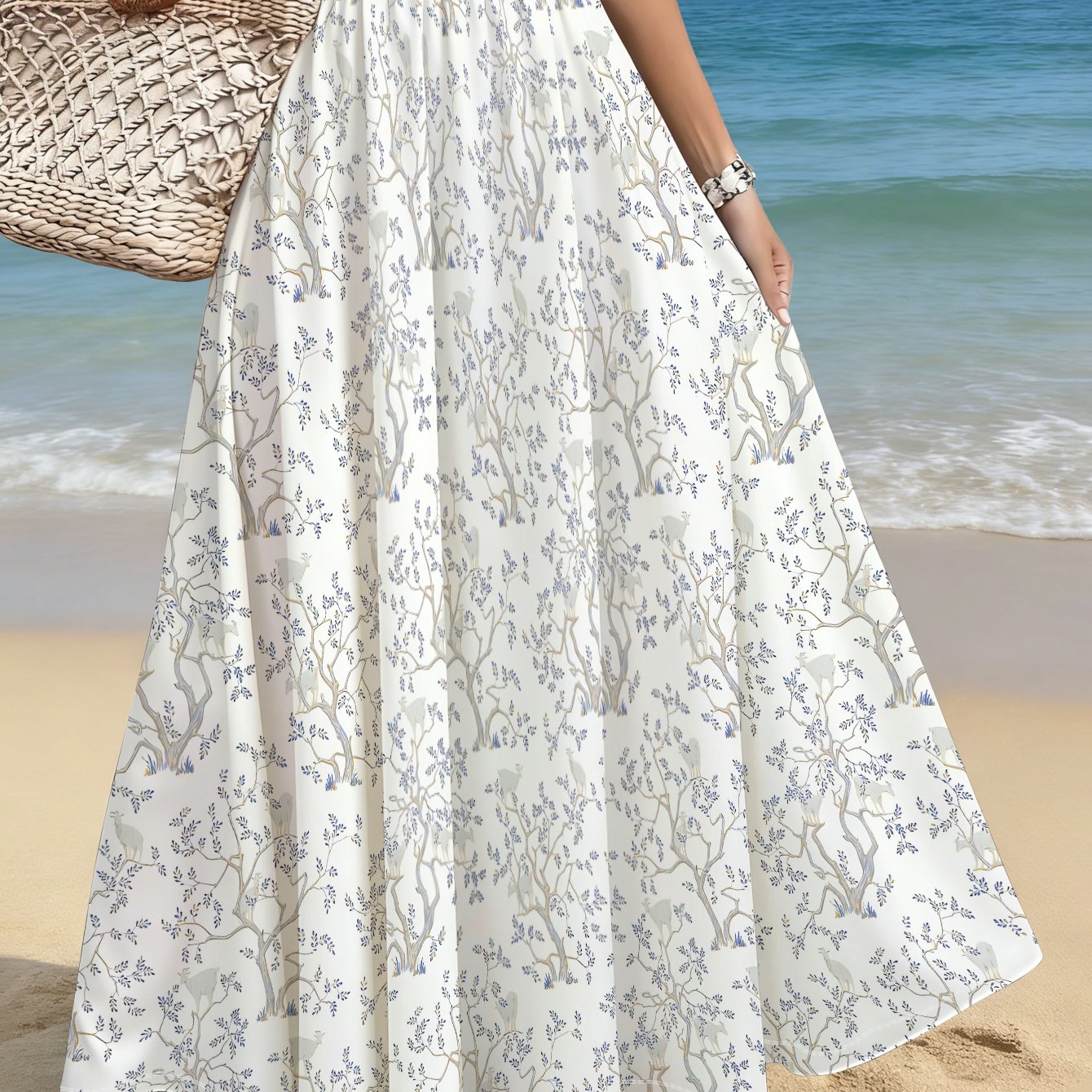 TEMU 1pc Flowy Maxi Skirt With Tree & Bird Print, Perfect For Beach, Travel, Casual , Summer Events, Lightweight Fabric, Elegant Design