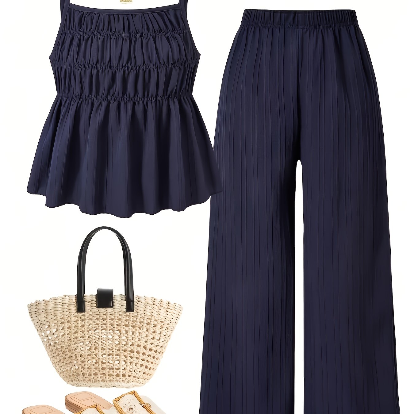 Image of Commuter Style Solid Color Two-piece Set: Sleeveless Waist-cinching Crop Top And Loose Wide-leg Pants With A Flowy Feel Yd88