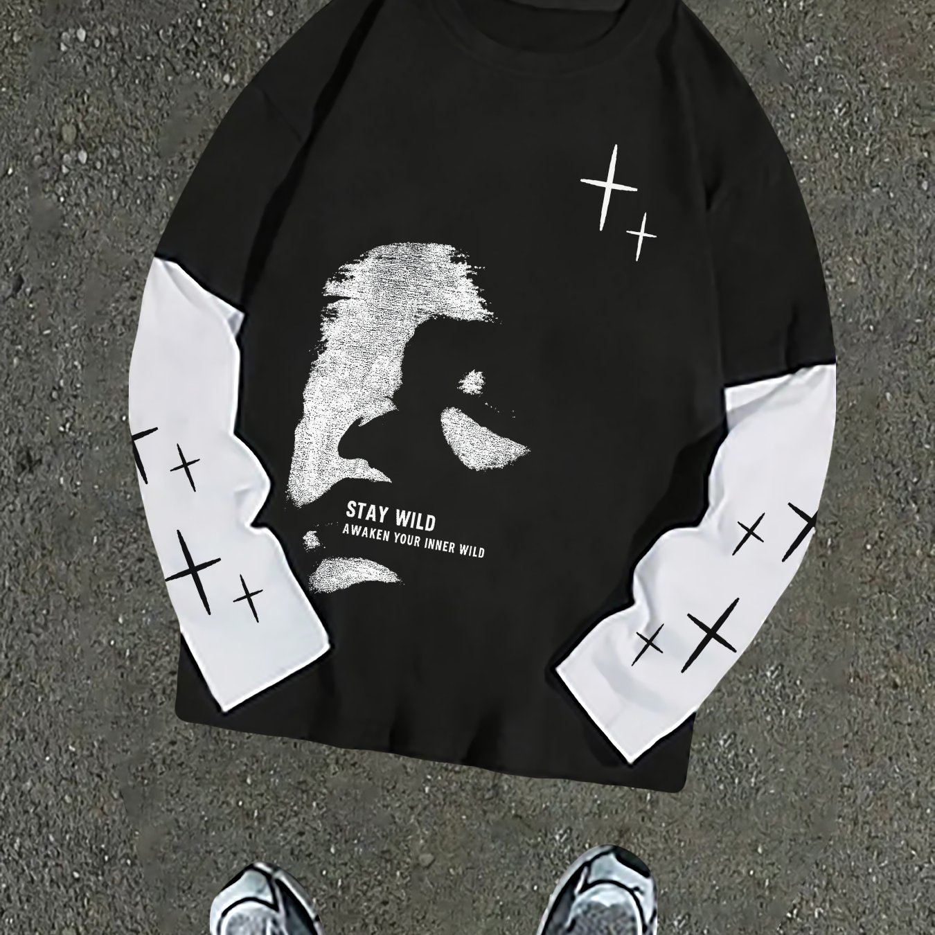 TEMU New Y2k Style Trendy Print Long-sleeve T-shirt Featuring Cool Portrait Designs, Perfect For Couples, With A Loose Fit And A Streetwear Vibe