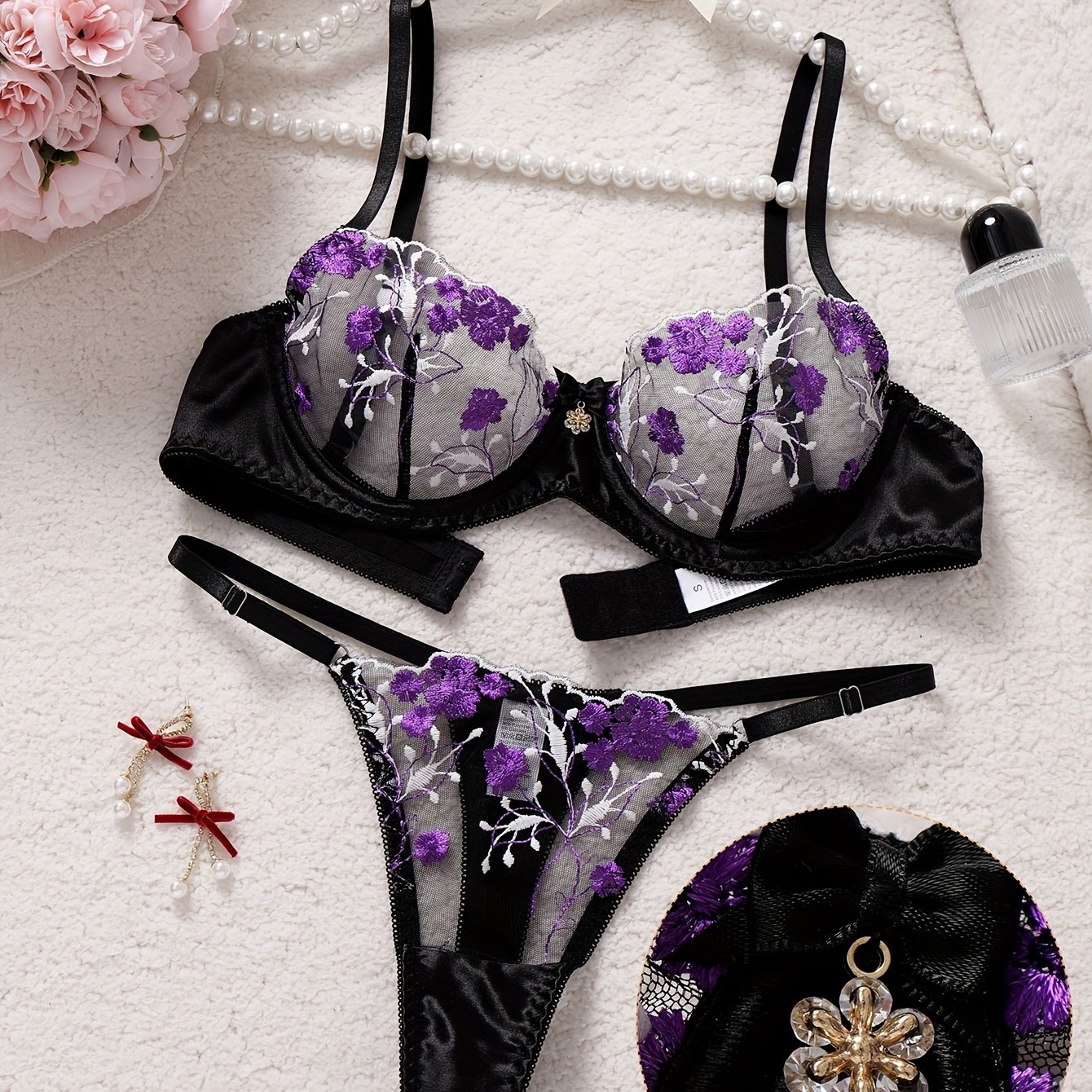 Image of Women's Sheer Thong Lingerie Bikini - Sexy Semi-transparent Panty & Bra (no Padding) With Contrast Colorblock & Embroidery - Matching Underwear Set For Intimate Occasions