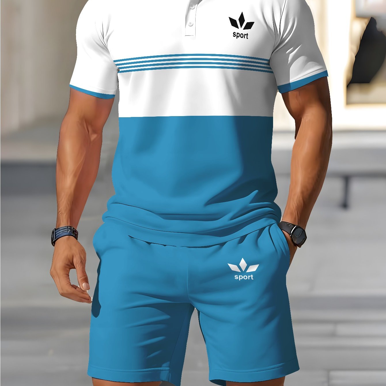 TEMU Completo sportivo estivo casual da , set 2 pezzi con polo a righe color pantaloncini, abbigliamento sportivo traspirante ad asciugatura rapida