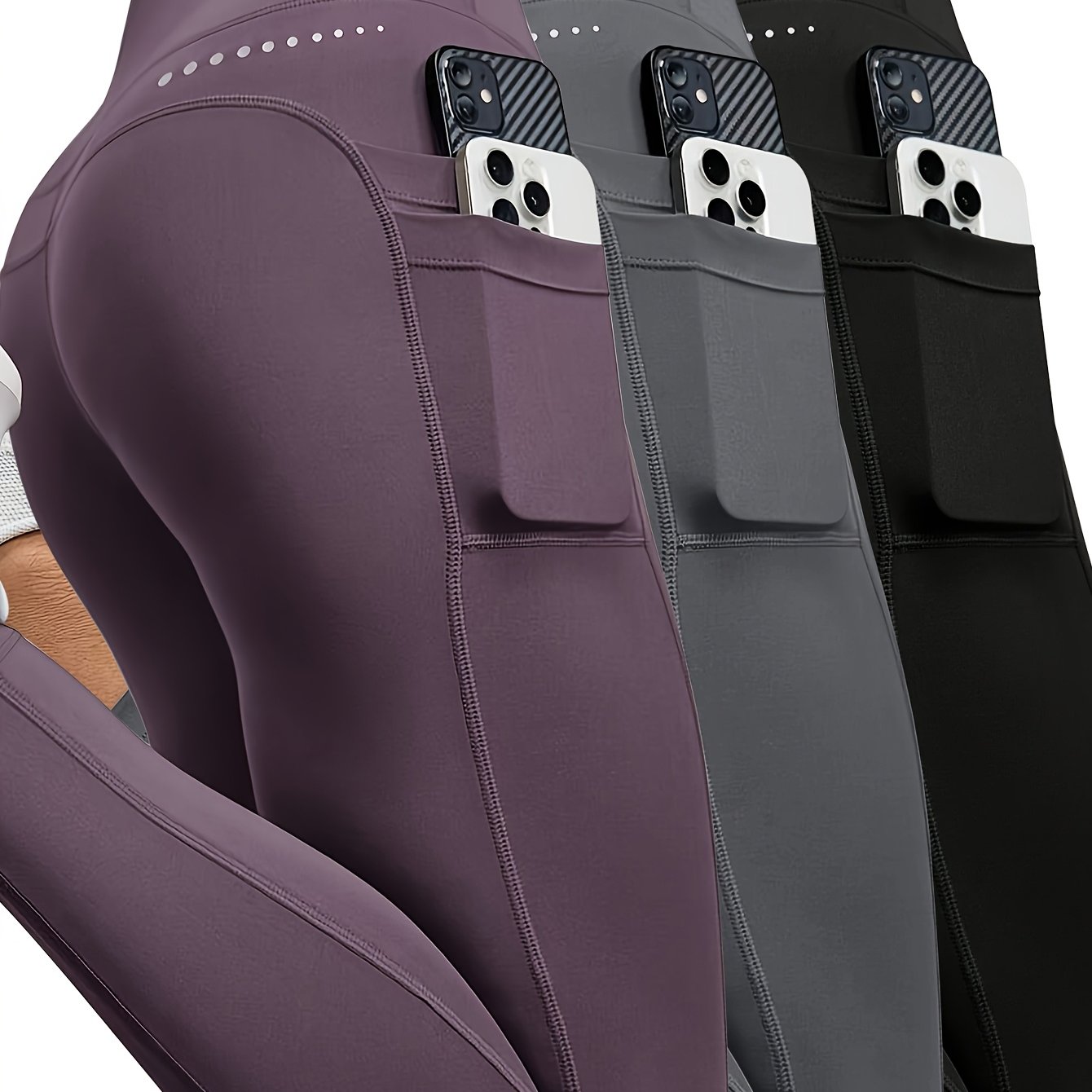TEMU 3pcs Set With Long Pants, Featuring A Dual-pocket Stitched Seam Design. Simple Solid-color High-stretch Seamless Leggings, Suitable For Fitness,