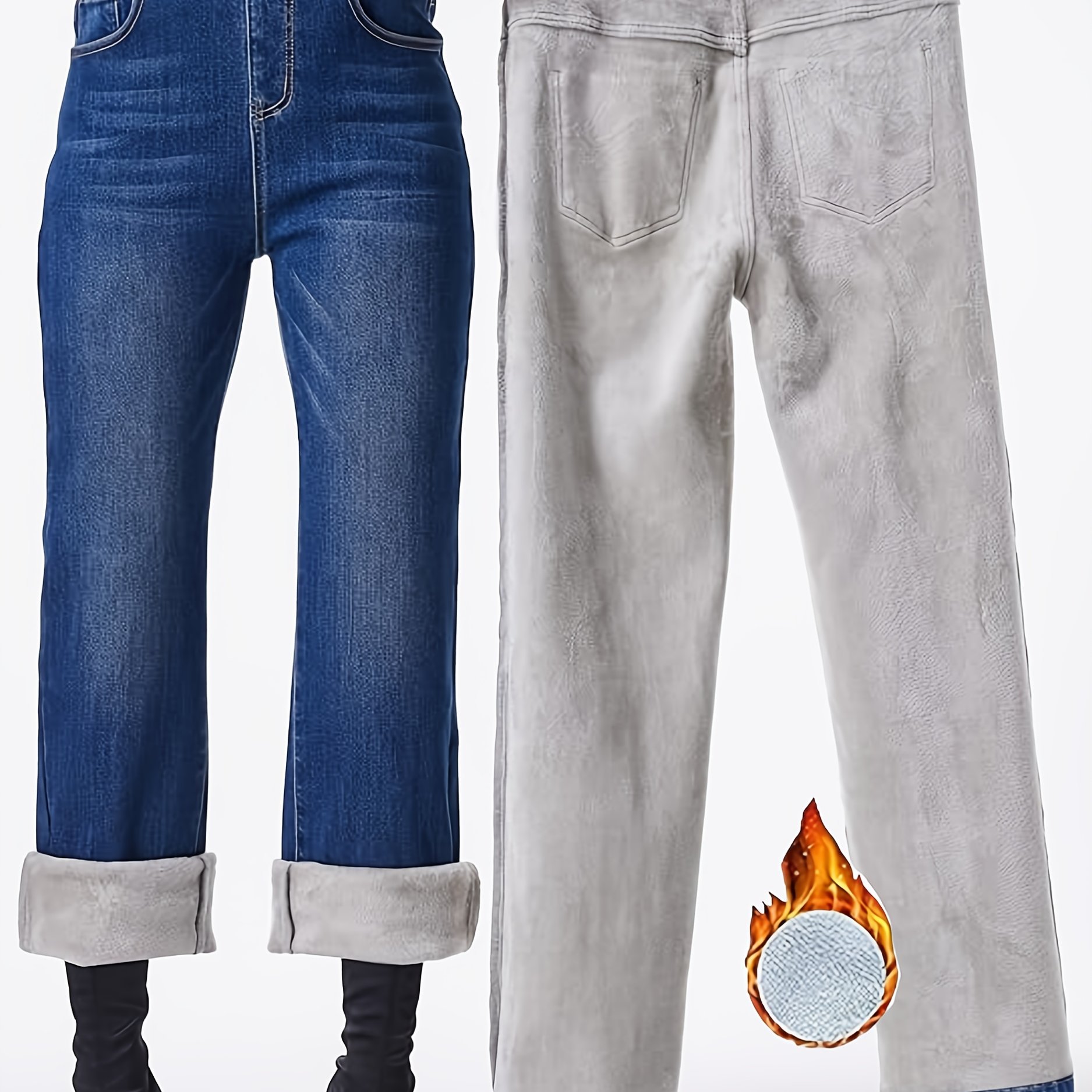 2025 Autumn/winter New Elastic Waistband Plush-lined Straight-leg Jeans, Fabric Thickened Warm Denim Pants
