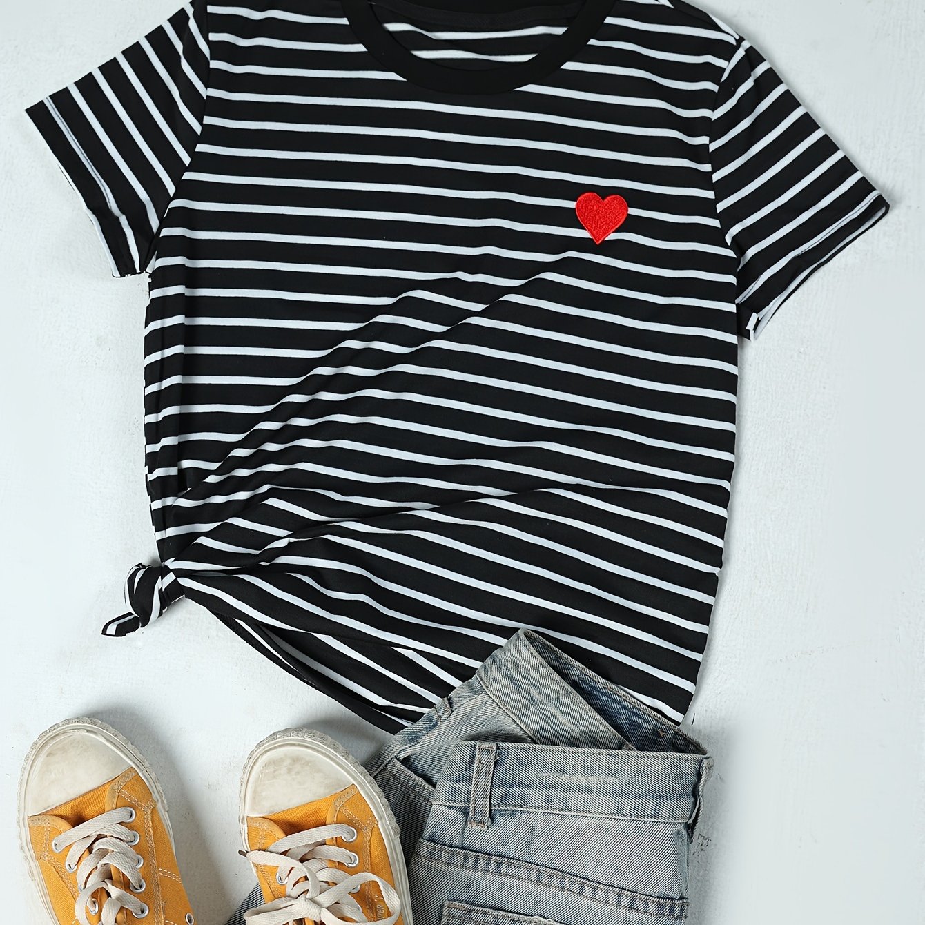 Heart Embroidered & Striped Crew Neck T-shirt, Casual Short Sleeve Top For , Women's Clothing