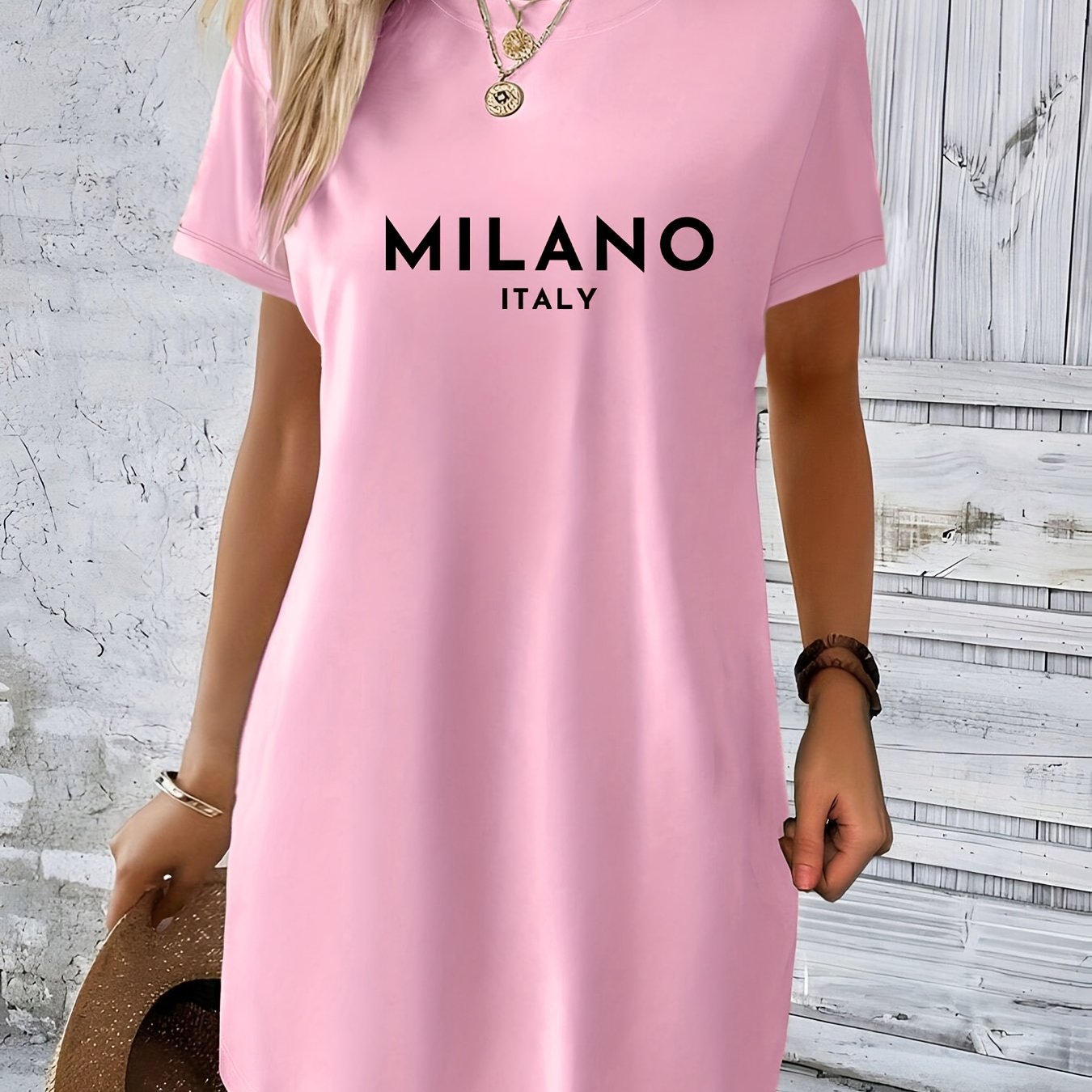 TEMU Italy Letter Print Women's Knit T-shirt Dress - Casual Crew Neck Short Sleeve Dress For Spring/summer, Soft Polyester Fabric, , Everyday Dress |