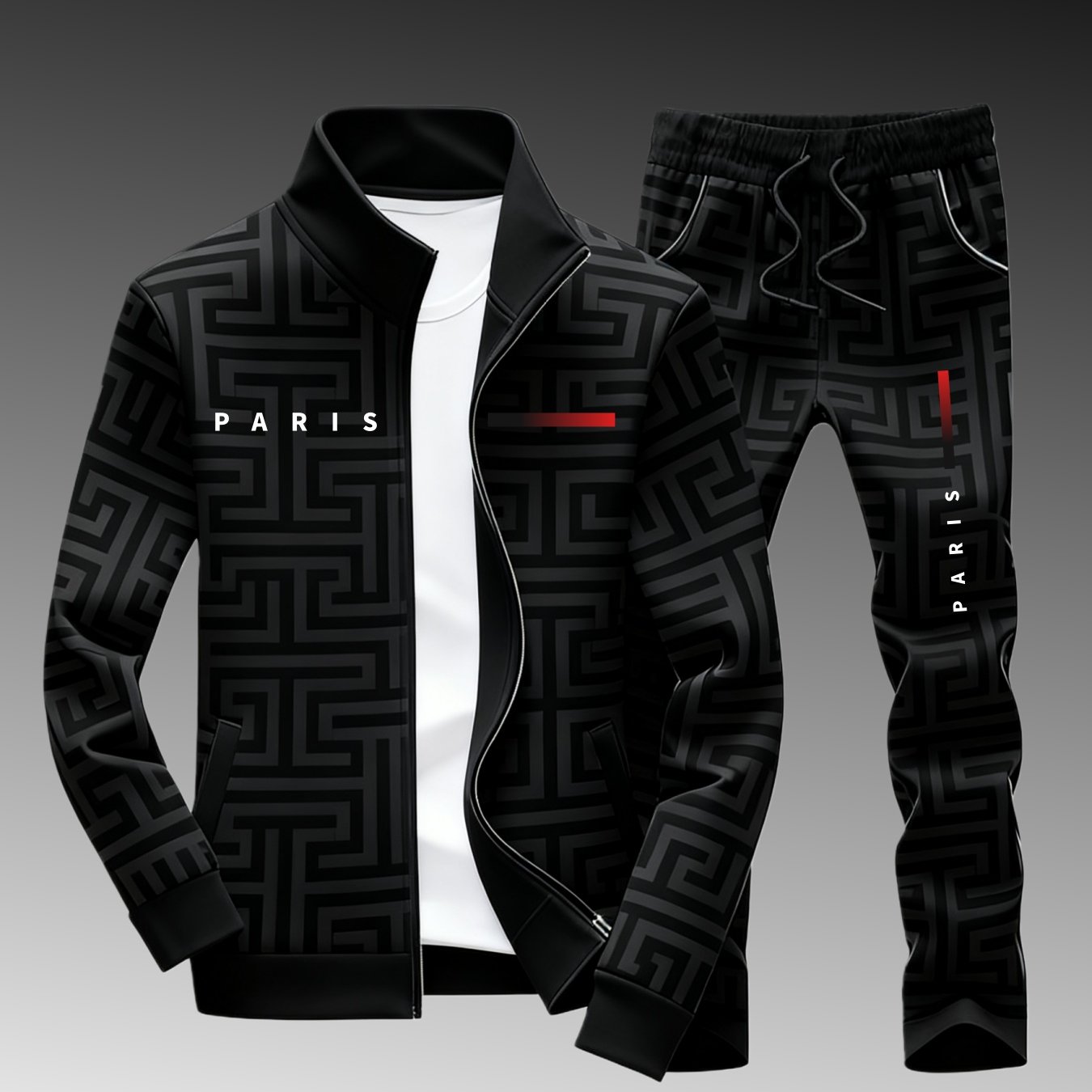 2pcs Set: Men's Casual Sports Jacket And Trousers, 3d Greek Key Pattern Print, Stylish Unisex Set, Perfect For Valentine's Day, Thanksgiving, Christmas, Father's Day, And As A Gift