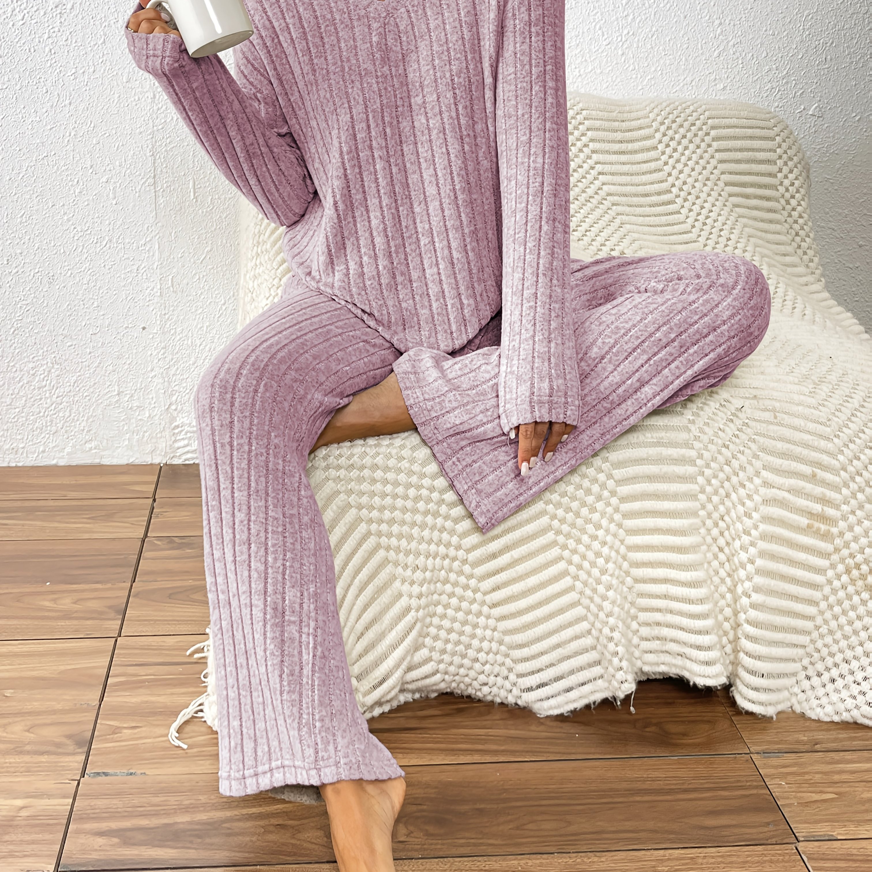 E-shop Zielgerichtete Entwicklung Herbst Winter Locker Geripptes Fleece Zweiteiliges Set V-Ausschnitt Top Und Geradehose Lässiges Outfit