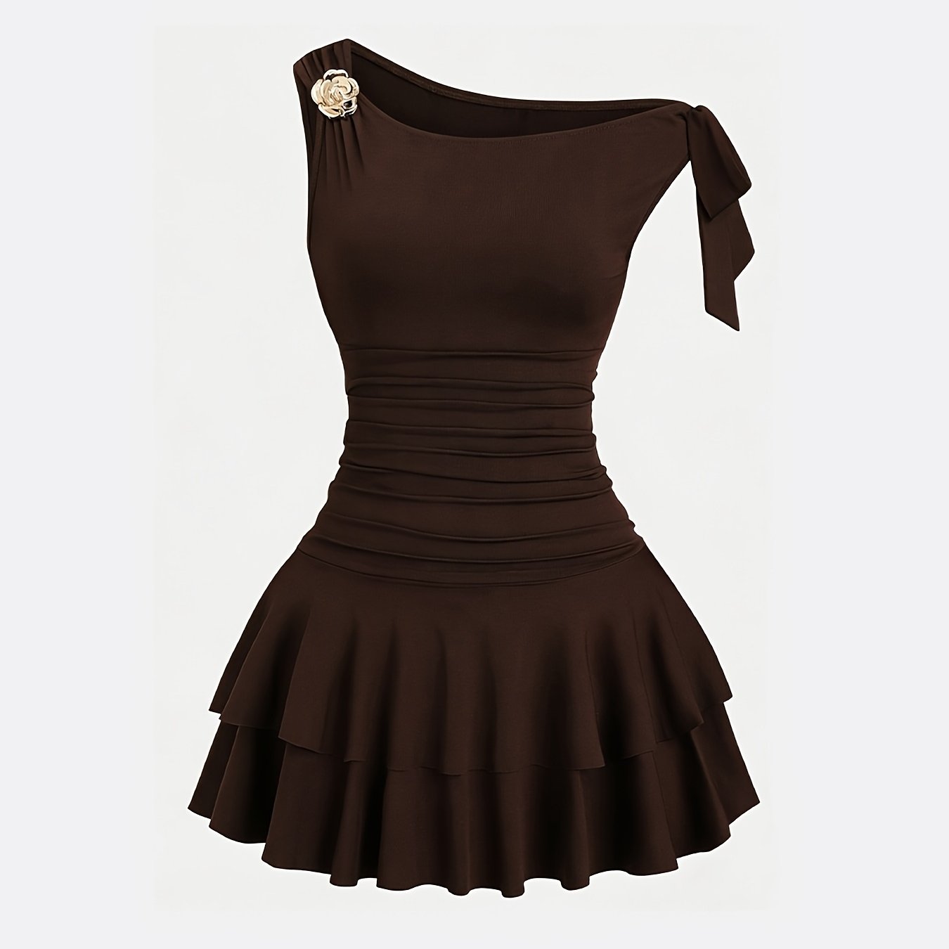 TEMU Women's Metal Flower Decoration Pleated Shoulder Pleated Hem Fashion Dress