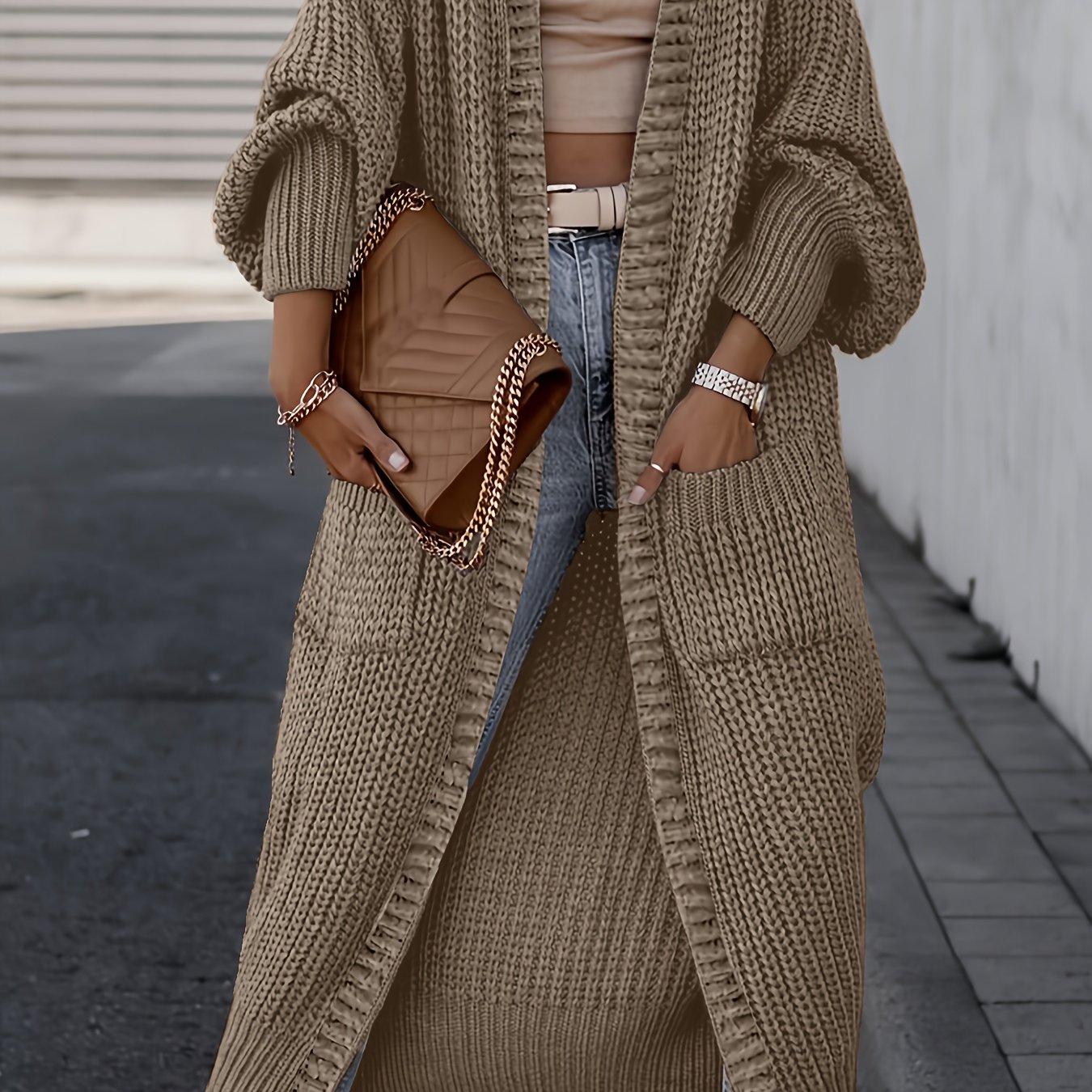 TEMU Women' Color Casual Long Sleeve Drop Shoulder Cardigan | Fall/winter Long Length Coat With Pockets, Brand Nzzof
