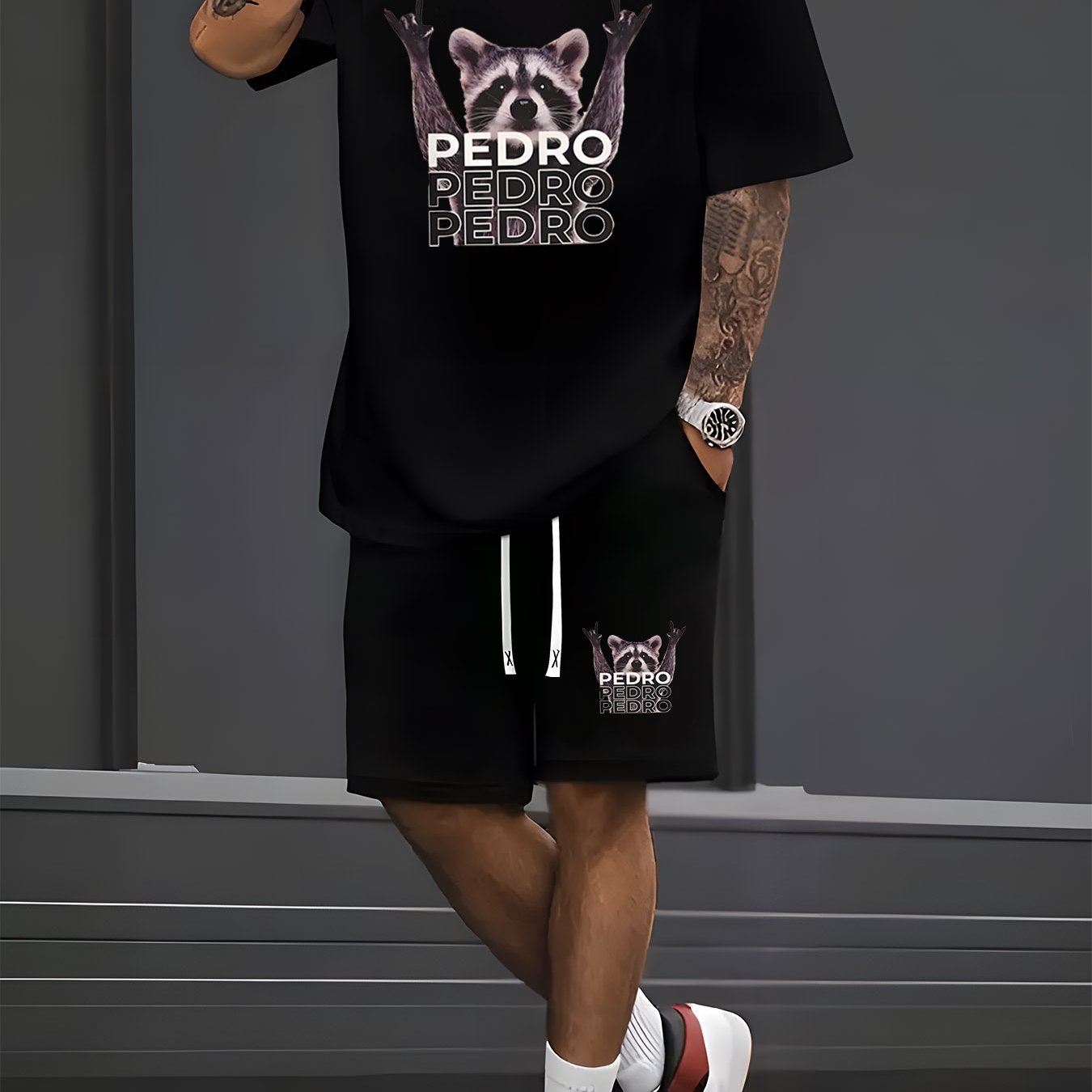 TEMU Raccoon Print Men's Short Sleeve T-shirt And Drawstring Shorts 2pcs Casual Sportswear Set, Suitable For Spring And Summer Outfits
