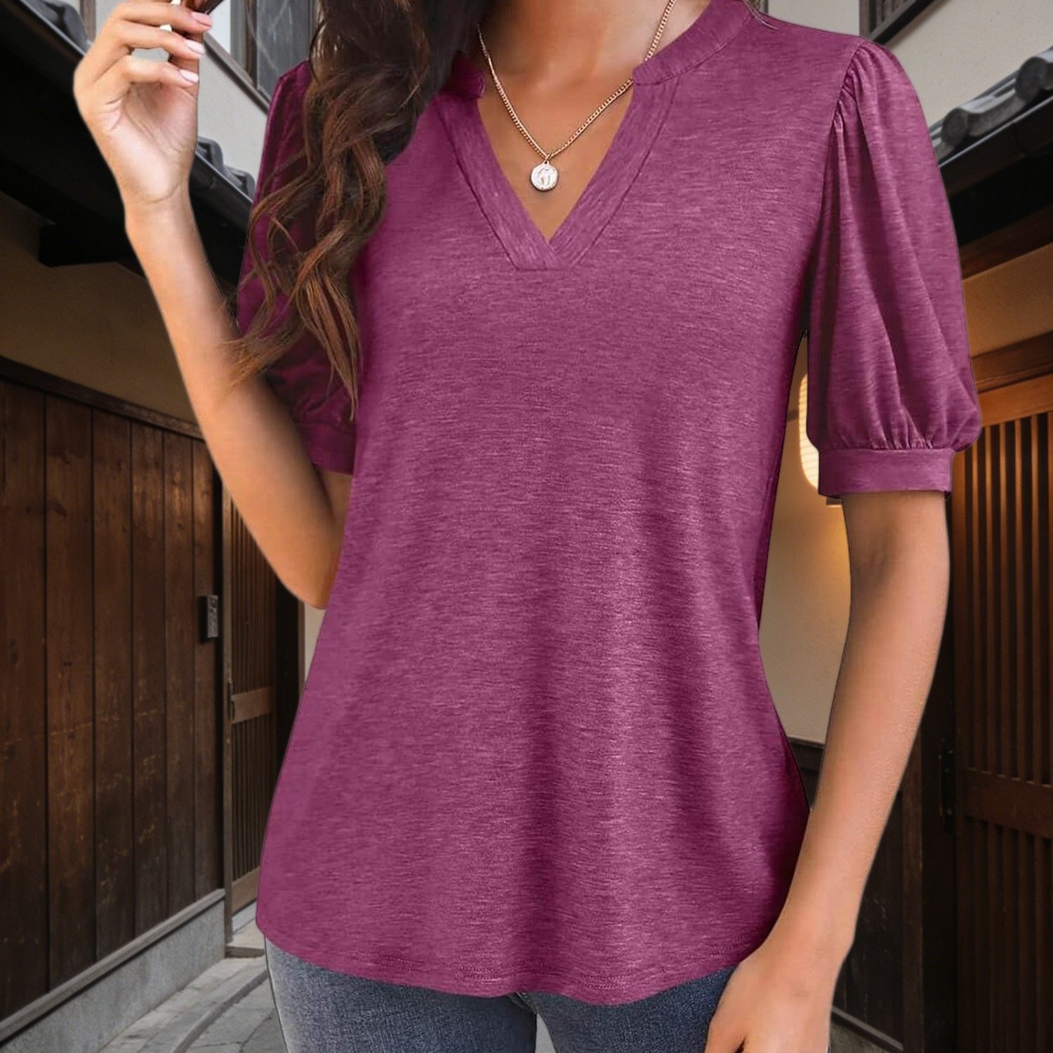 Plus Size - Women's Summer Split V-neck Puff Sleeve Plus Size Loose Fit Dressy Blouse Tops