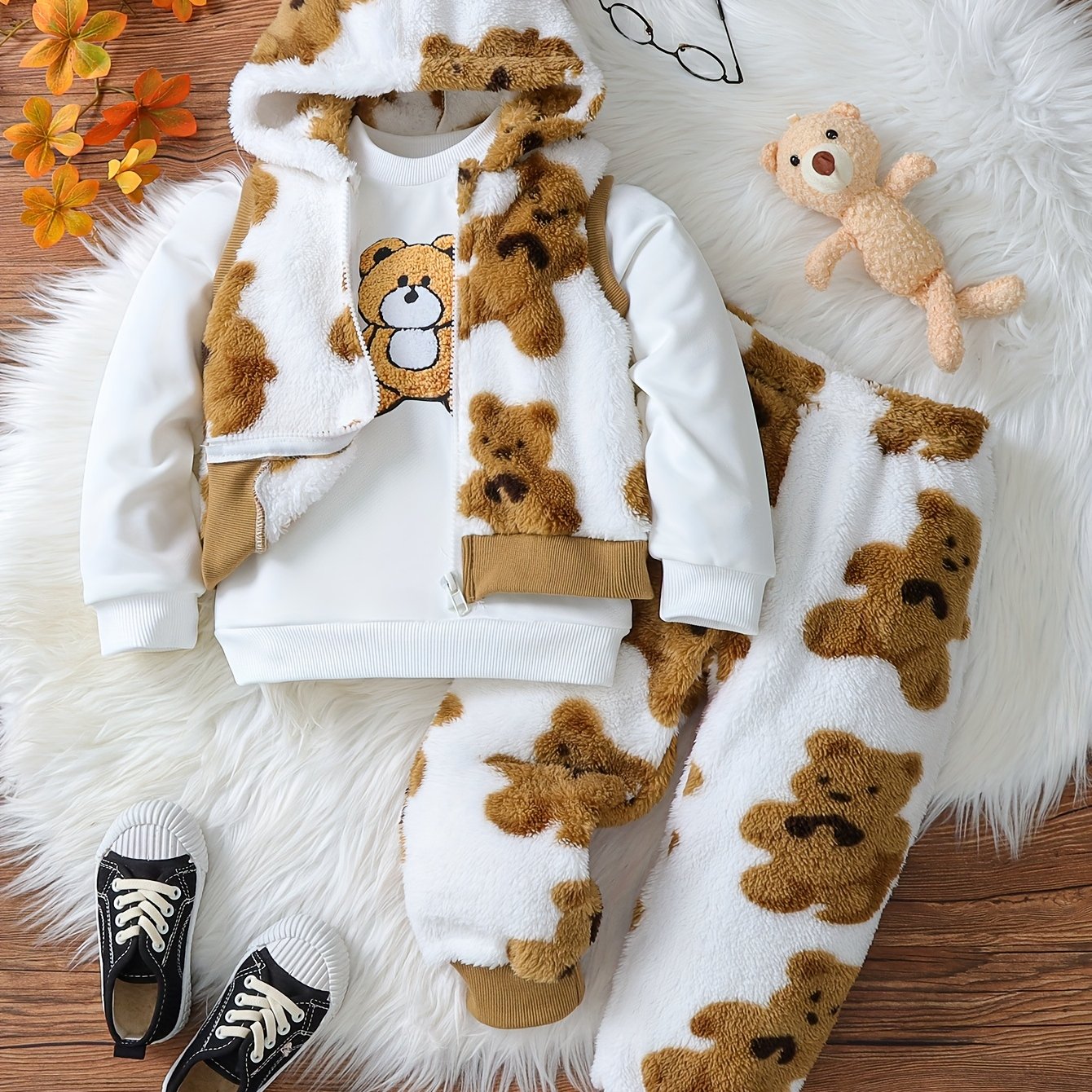 Image of 3pcs Set For Baby Boy, Autumn Winter Solid Color Round Neck Bear Long Sleeve And Warm Fleece Bear Print Hooded Zipper Jacket And Plush Long Pants Casual Daily Suit, For Outdoor