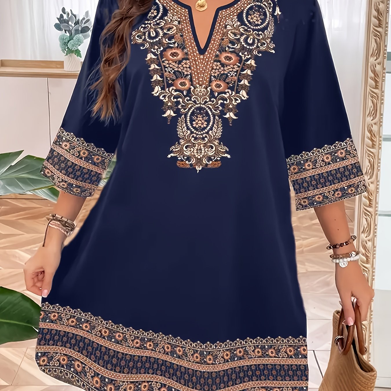 TEMU Plus Size, An Elegant V-neck Women's Fashion Dress, Perfect For And Summer Collection