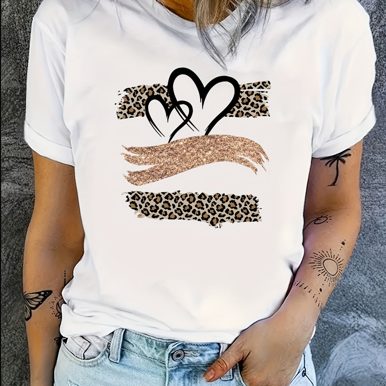 TEMU Women's Casual T-shirt | White Leopard Heart Print | Round Neck, Short Sleeves | Machine Washable | Summer Fashion Top, Everyday , Casual Summer