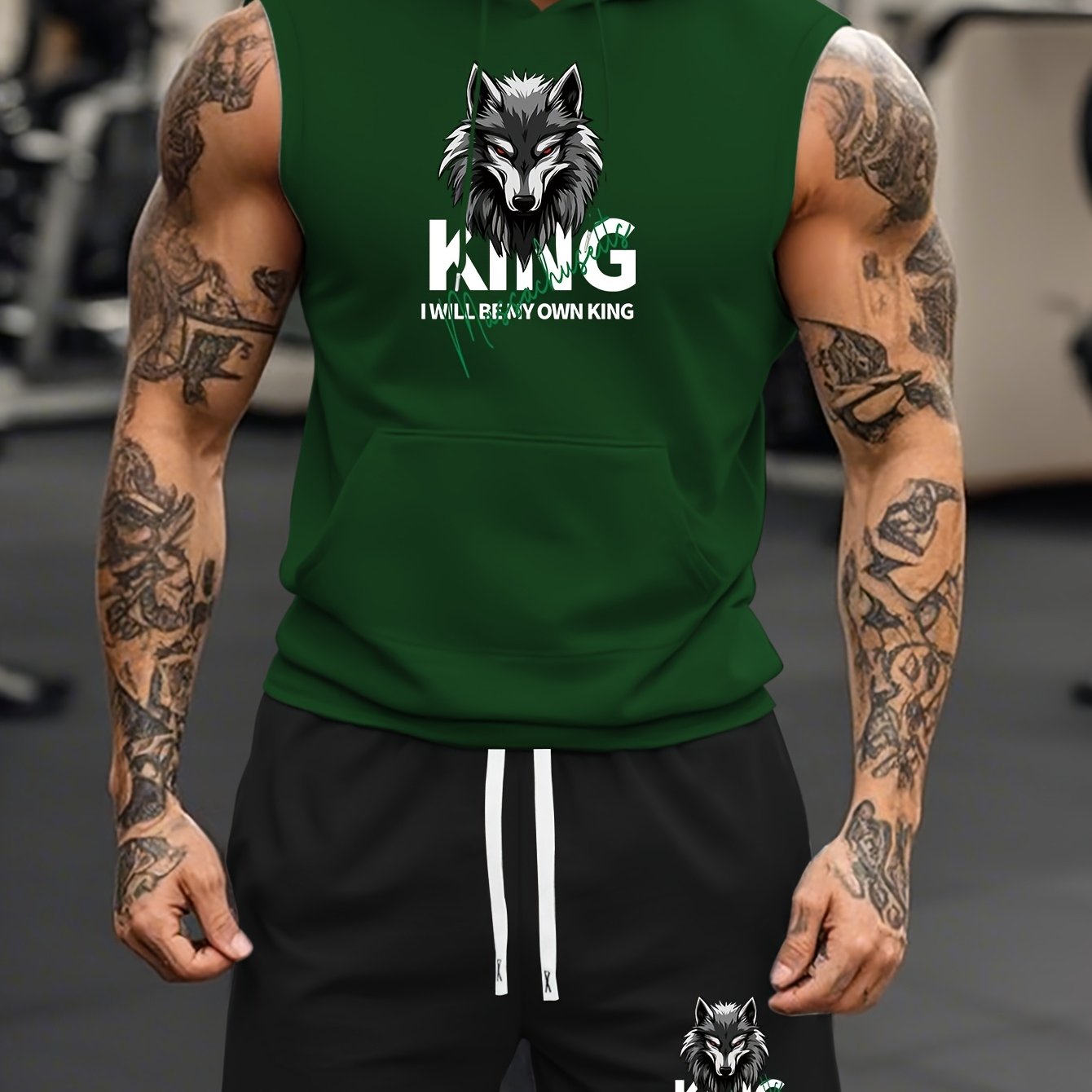 TEMU Wolf Print Pattern Spring Summer Autumn Streetwear Vacation Elastic Minimalist Sporty Casual Full-body Hooded Vest And Shorts Set