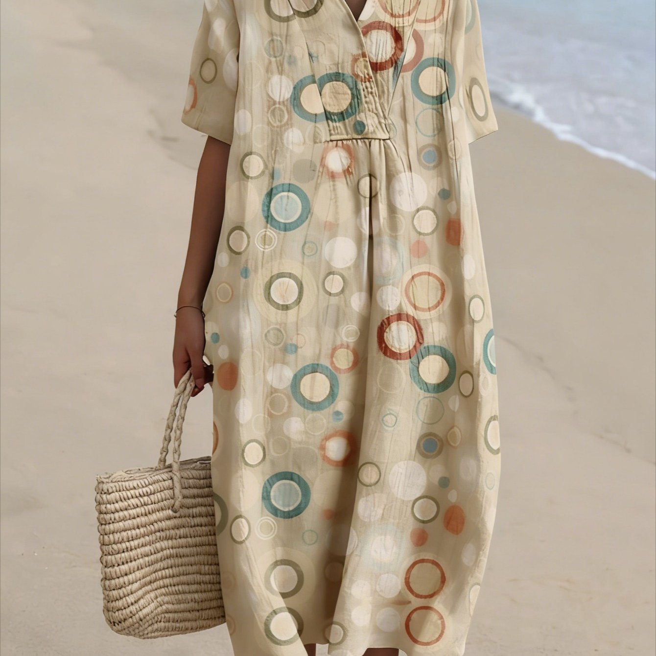 Plus Size, Large Size Women's Medium And Long Dress Casual Polka Dot Bubble Printing Loose V-neck A-shaped Skirt Spring, Summer And Autumn
