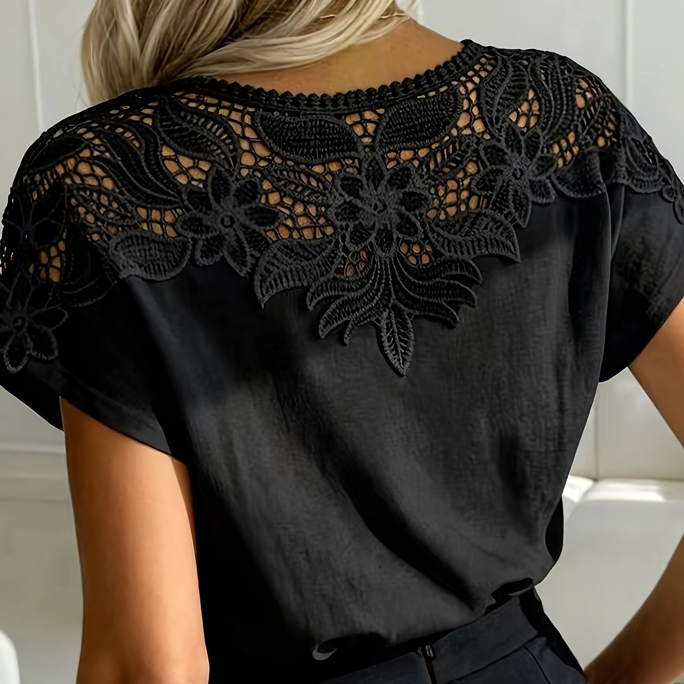 TEMU Lace Spliced Short-sleeved T-shirt, Women's Exquisite Hollow Neckline Top, Slim And Commuter Versatile Base Shirt, Top, Suitable For Dating,